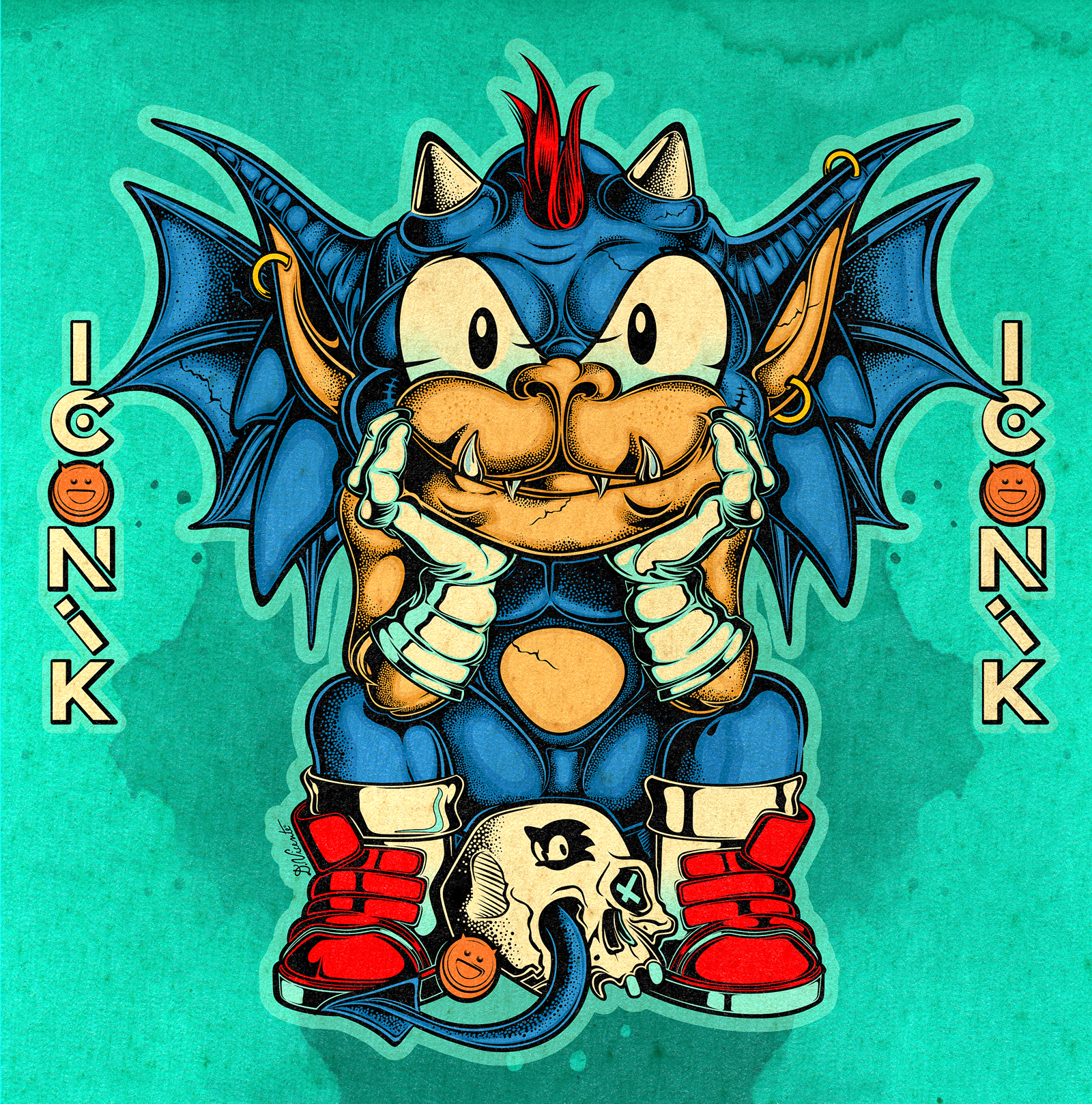 WILD CHILD ICONIK #04 – SONIC cartoon art character design creature design designer toy art gargoyle graphic art iconik illustration line art lowbrow art monster art pop culture art sega sonic sonic the hedgehog stippling urban creature video game art vintage texture wild child