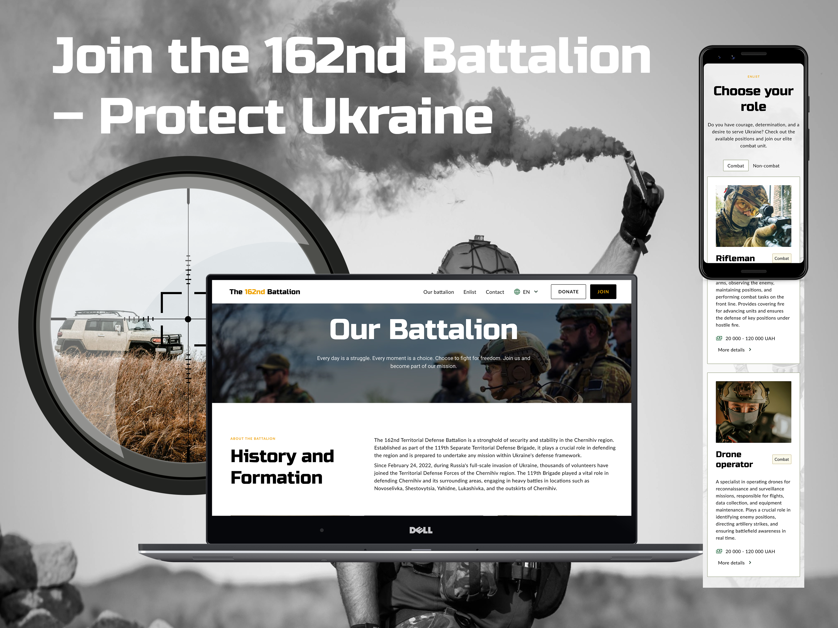 Website for 162nd Battalion of the Ukrainian Armed Forces case study cms framer nonprofit recruitment responsive design ui design ux design website design