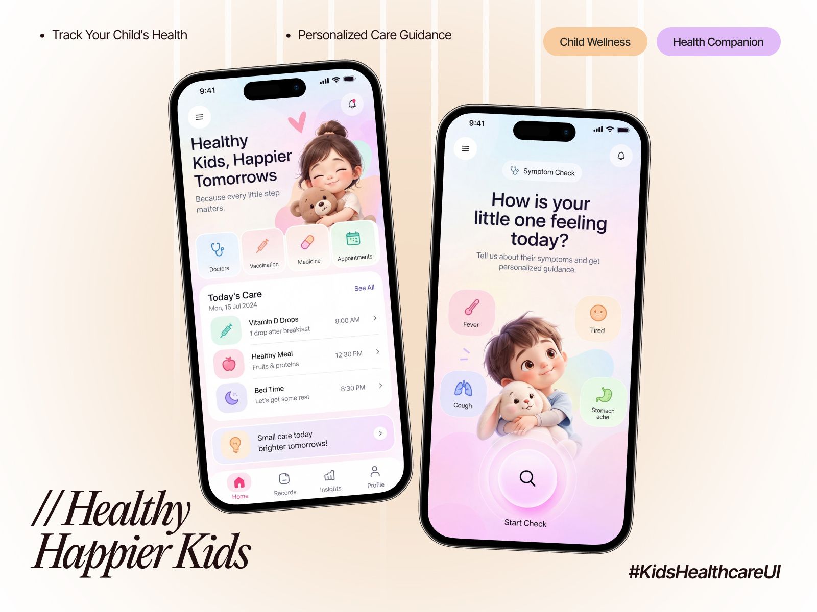 Healthy Kids | Modern Pediatric Care App child wellness development health app health records health tracking healthcare app healthcare ui hero ui design kids health kids healthcare mobile app mobile ui parenting app pediatric care product design symptom checker techwitpro uiux design