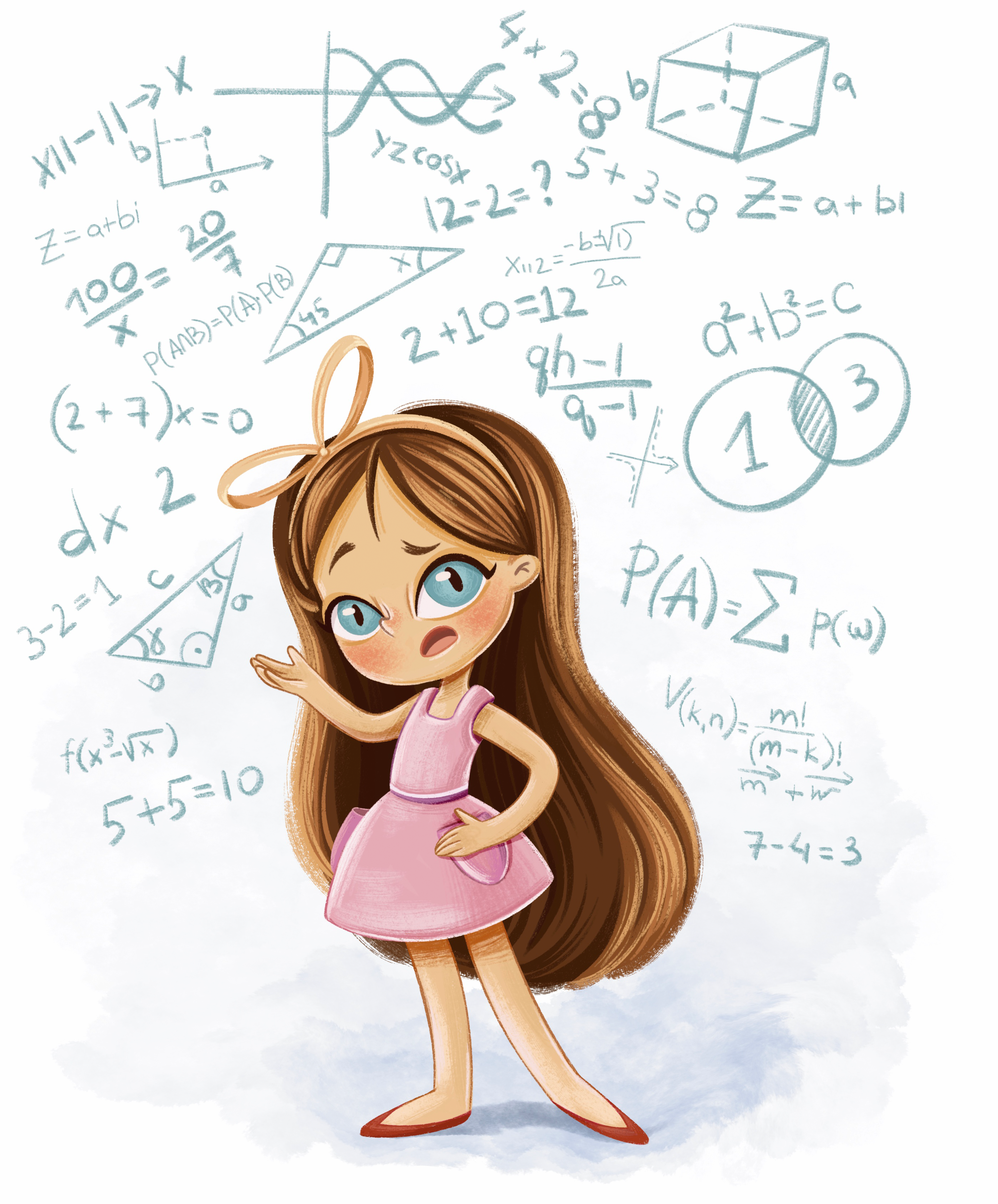 Math Thoughts - children's book illutration 2d book calculation cartoon childrens book illustration digital digital art emotion illustration kidlitart little girl logic math numbers page whimsical