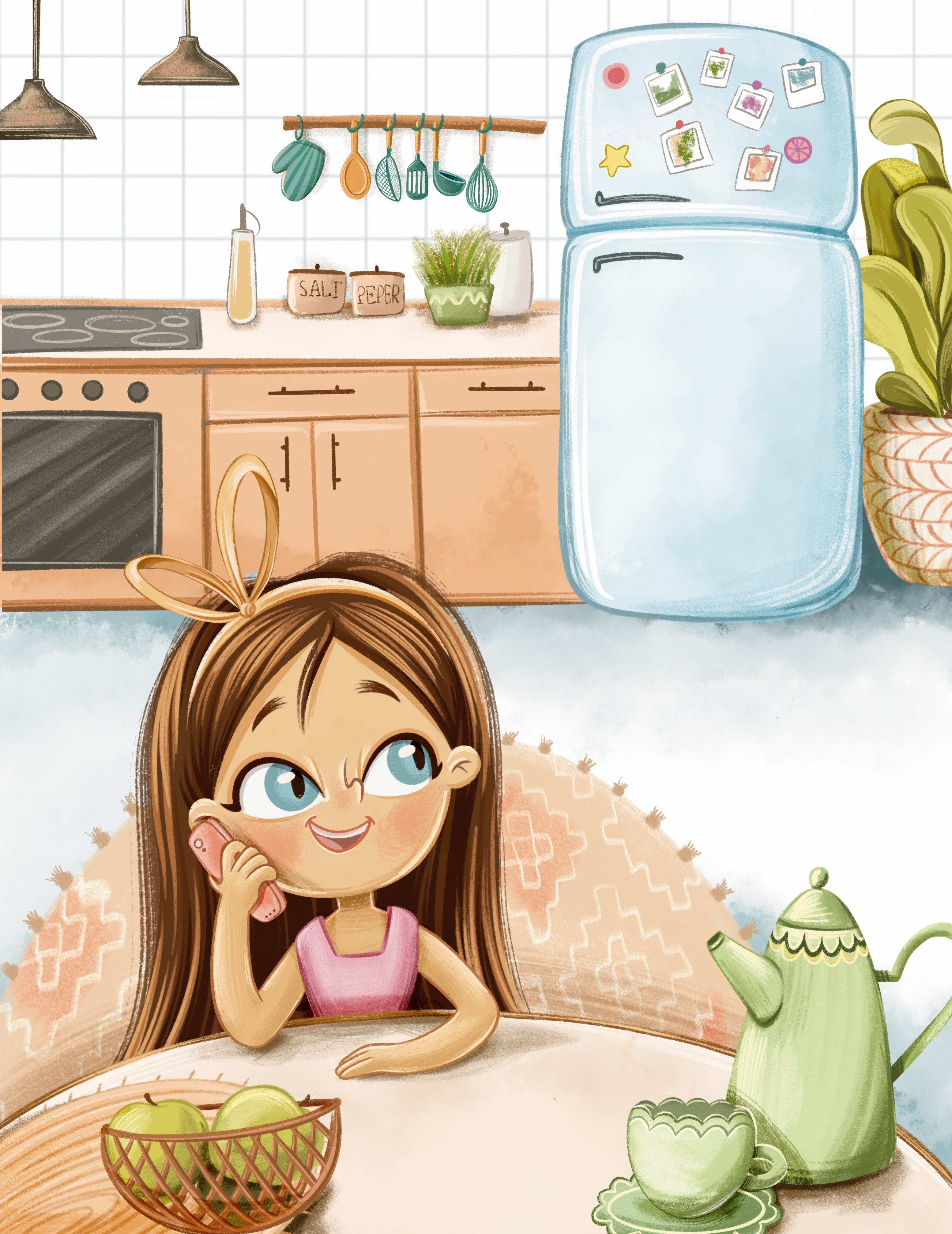 The Call - single page illustration 2d book calling cartoon childrens book illustration cozy digital art happy home illustration kidlitart kitchen lisg little girl page illustration pastel phone picture smile