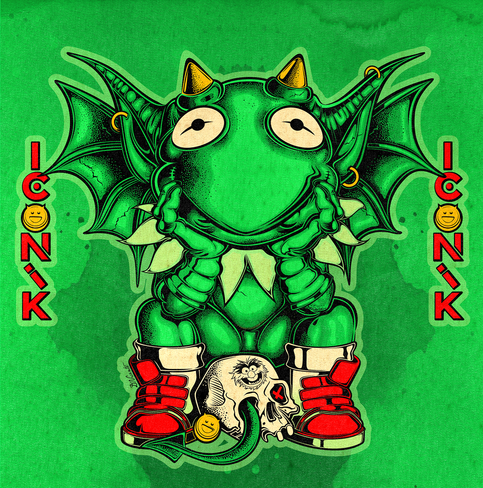 WILD CHILD ICONIK #03 – KERMIT animal cartoon art character art character design creature design gargoyle green character iconik illustration kermit kermit the frog line art lowbrow art monster art muppets pop culture art stippling the muppets vintage texture wild child