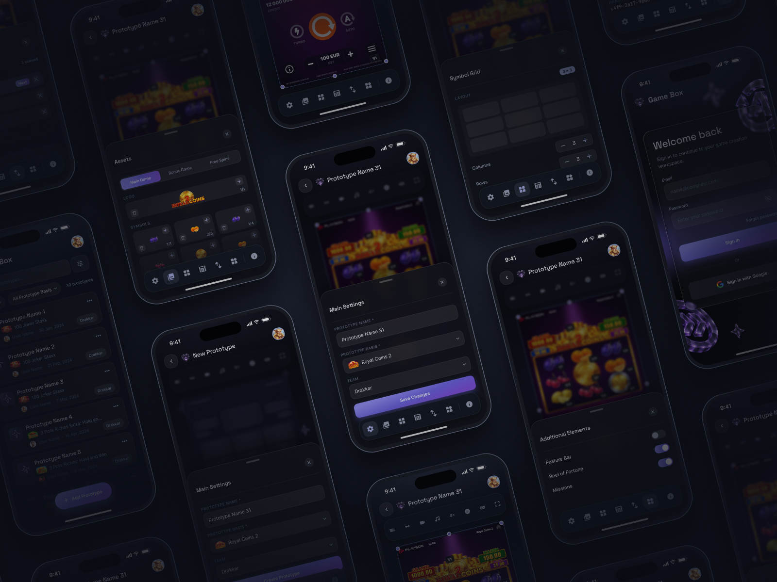Mobile Game Prototyping Tool b2b bottom sheet dark mode dark ui design system game design game ui glassmorphism internal tool ios iphone mobile app mobile ui motion product design prototyping saas tab bar ui design ux design
