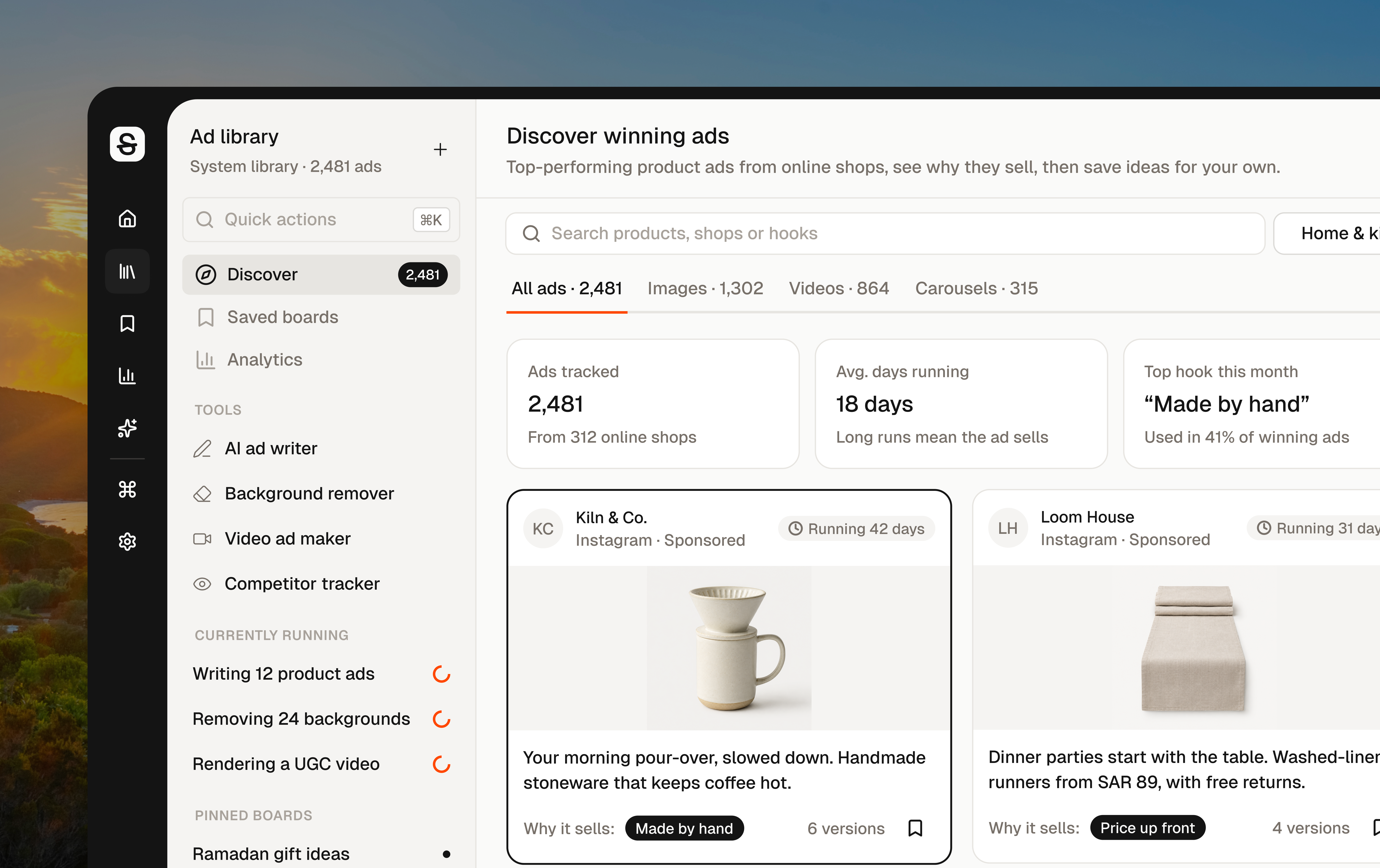 Ad discovery dashboard designed with Sakani design system b2b crm dashboard design system discovery management saas uikit website
