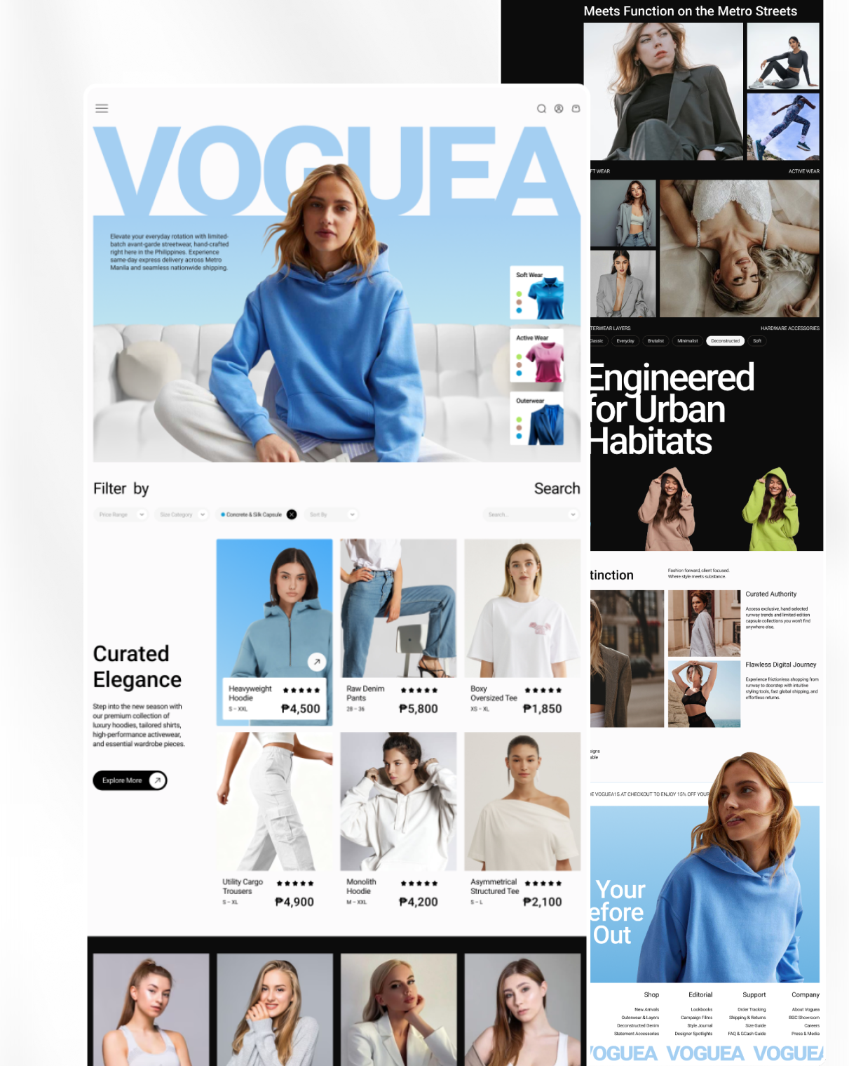 Voguea Ph | Contemporary Manila Streetwear — Avant-Garde E-Comme appdesign branding cleanui ecommerce fashiontech figma interface landingpage minimalism modernui productdesign streetwear uidesign uiux userexperience userinterface uxdesign visualdesign webdesign webdesigner