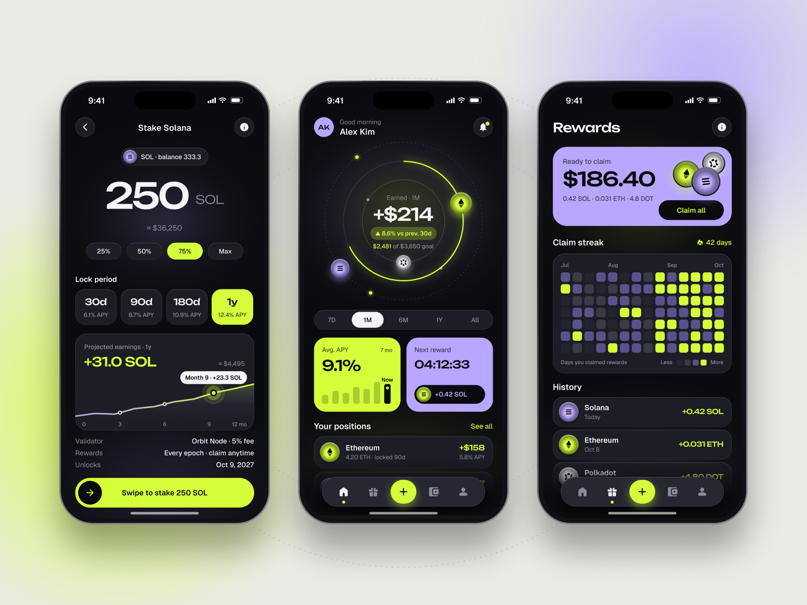 Finance App app concept bento crypto wallet dark mode dark ui dashboard design system finance app fintech interaction design ios iphone lime mobile app motion product design ui design ux design wallet app web3