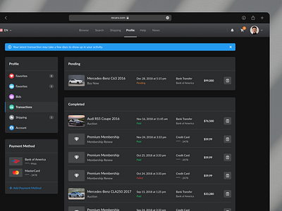 Transactions - Automotive Website automotive black cards cars dark dark theme dashboard design minimalistic profile ui user interface ux web web design website