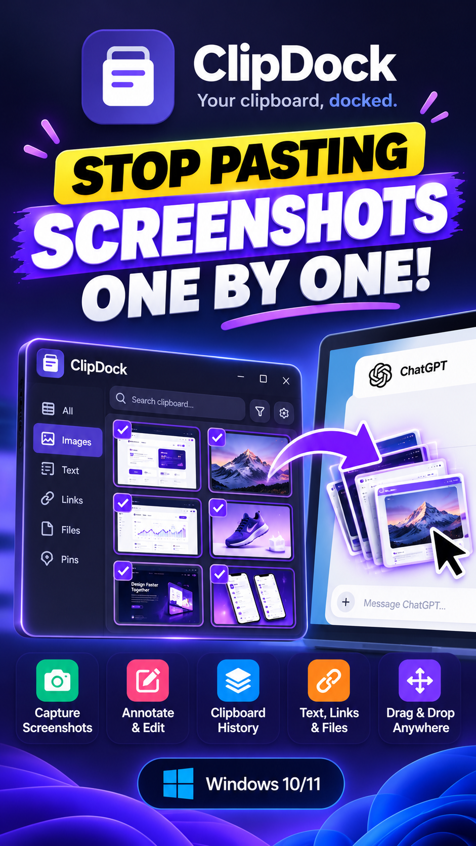 ClipDock — Screenshot & Clipboard Manager for Windows chatgpt productivity clipboard manager clipdock designer tool desktop productivity graphic design screenshot organizer screenshot tool ui ux designer tools windows 11 apps windows productivity tools