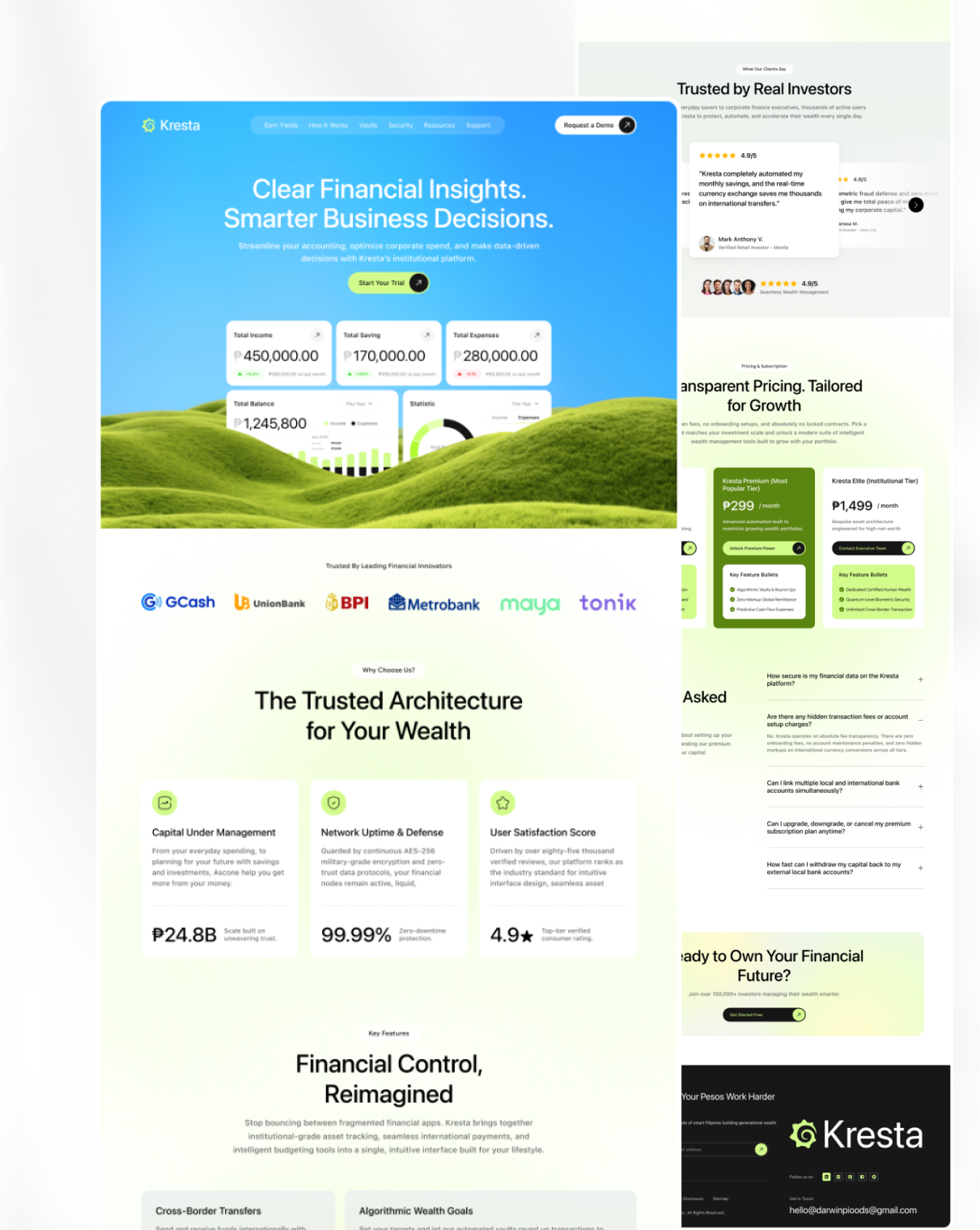 Kresta: Smart Digital Asset Yields in PHP — Modern Fintech Landi banking cleanui crypto figma finance fintech interface investment landingpage minimalism modernui productdesign uidesign uiux userexperience userinterface uxdesign webdesign webdesigner yield