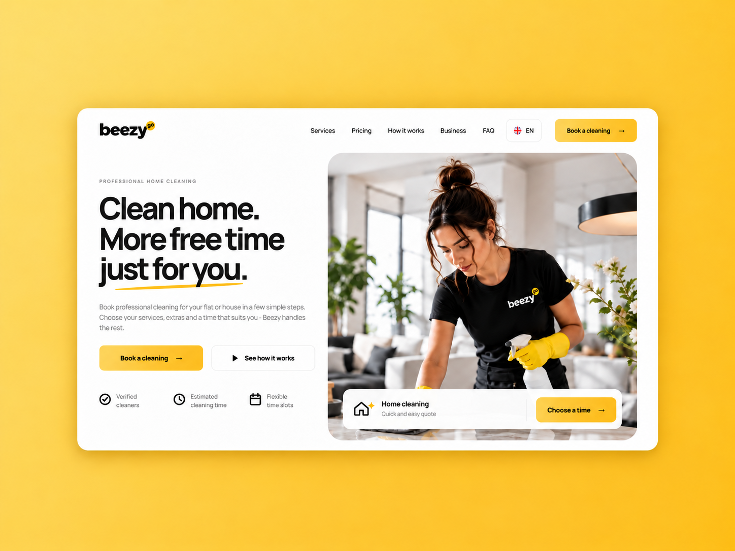 Beezygo - Home Cleaning Service Website beezygo booking brand identity branding cleaning cleaning service home cleaning home services interface landing page responsive design service website startup ui design ui ux ux design web design web development website website design
