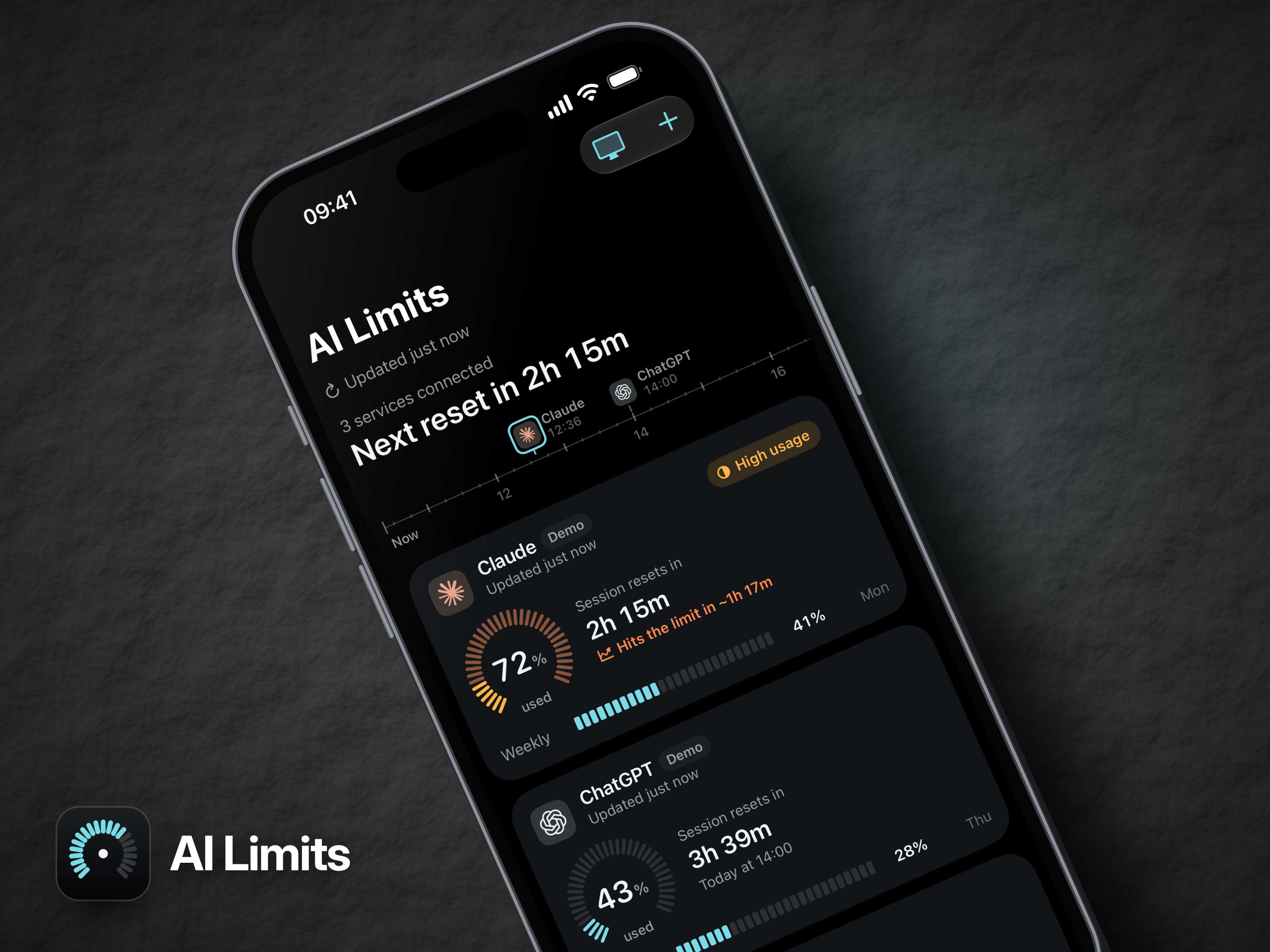 AI Limits: Mobile App UI/UX Case Study ai ai app android chatgpt claude dark mode dashboard data visualization gauge ios ipad jetpack compose live activity mobile app productivity swiftui ui design usage tracker ux design widgets