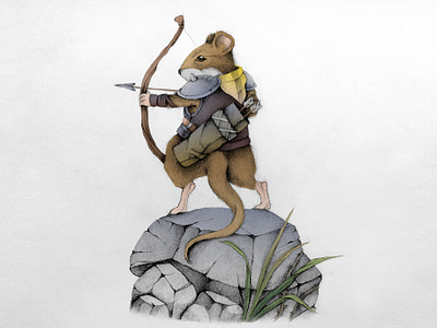 the defender animal archer bowman cartoon charactaer defender fairytale fantasy illustration knight mouse nature pencil retro sketch stone style texture vintage