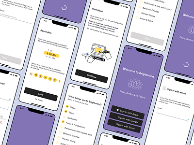 Meditation App – Brightmind Redesign app brightmind enter email field goals meditation mobile mobile app onboarding permission purple registration schedule sign in sign up time picker timetable ui ux yellow