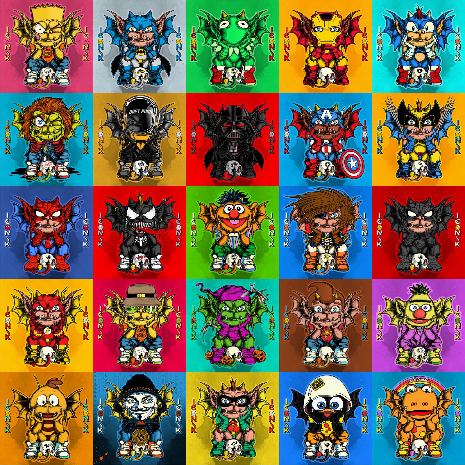 THE GARGOYLES OF NEMOZ 3 bart simpson batman captain america cartoon art character design chucky daft punk darth vader gargoyles iconik collection illustration iron man kermit the frog nemoz pop culture sonic the hedgehog spider man venom wild child wolverine