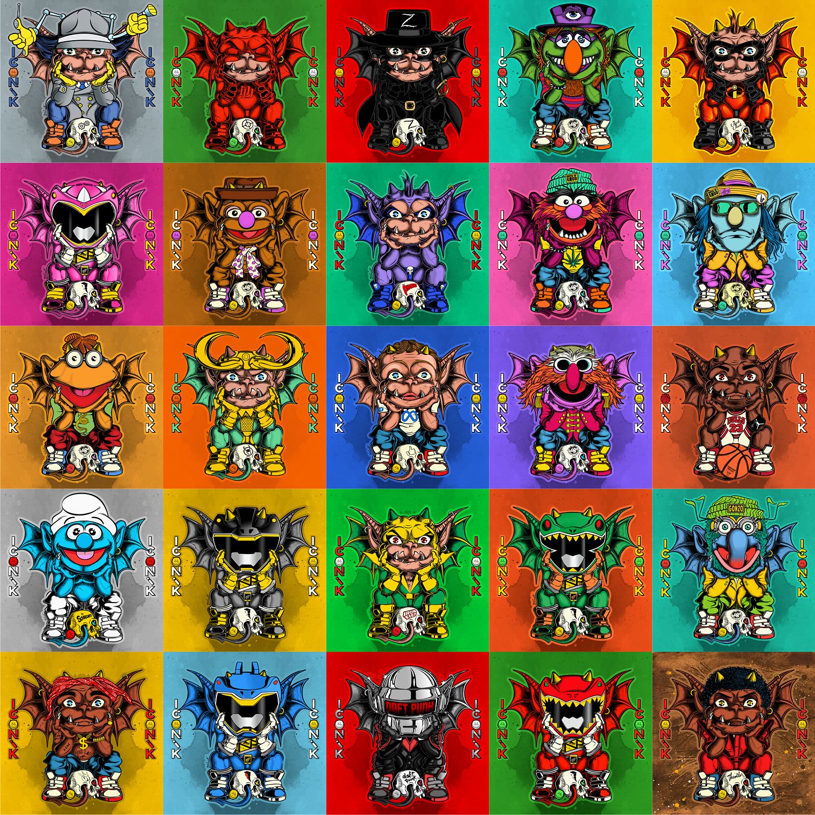 THE GARGOYLES OF NEMOZ 4 animal muppet catwoman character design daft punk daredevil fozzie bear gargoyles gonzo iconik collection illustration inspector gadget loki michael jordan nemoz pop culture power rangers smurfs tupac shakur wild child zorro