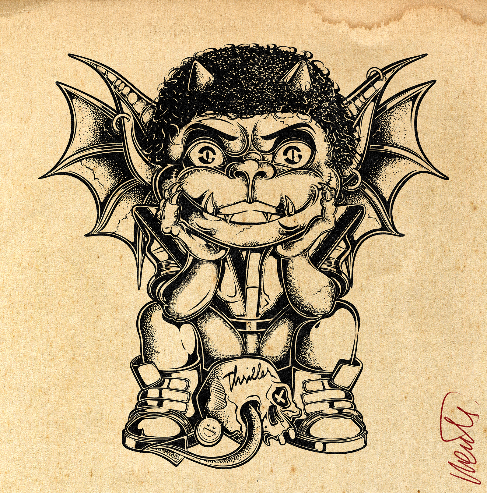 WILD CHILD DRAWING – THRILLER INK black and white art character design creepy cute cult cinema dark illustration gargoyle horror inspired iconik illustration ink drawing line art lowbrow art michael jackson monster design pop culture art stippling thriller underground art vintage print wild child