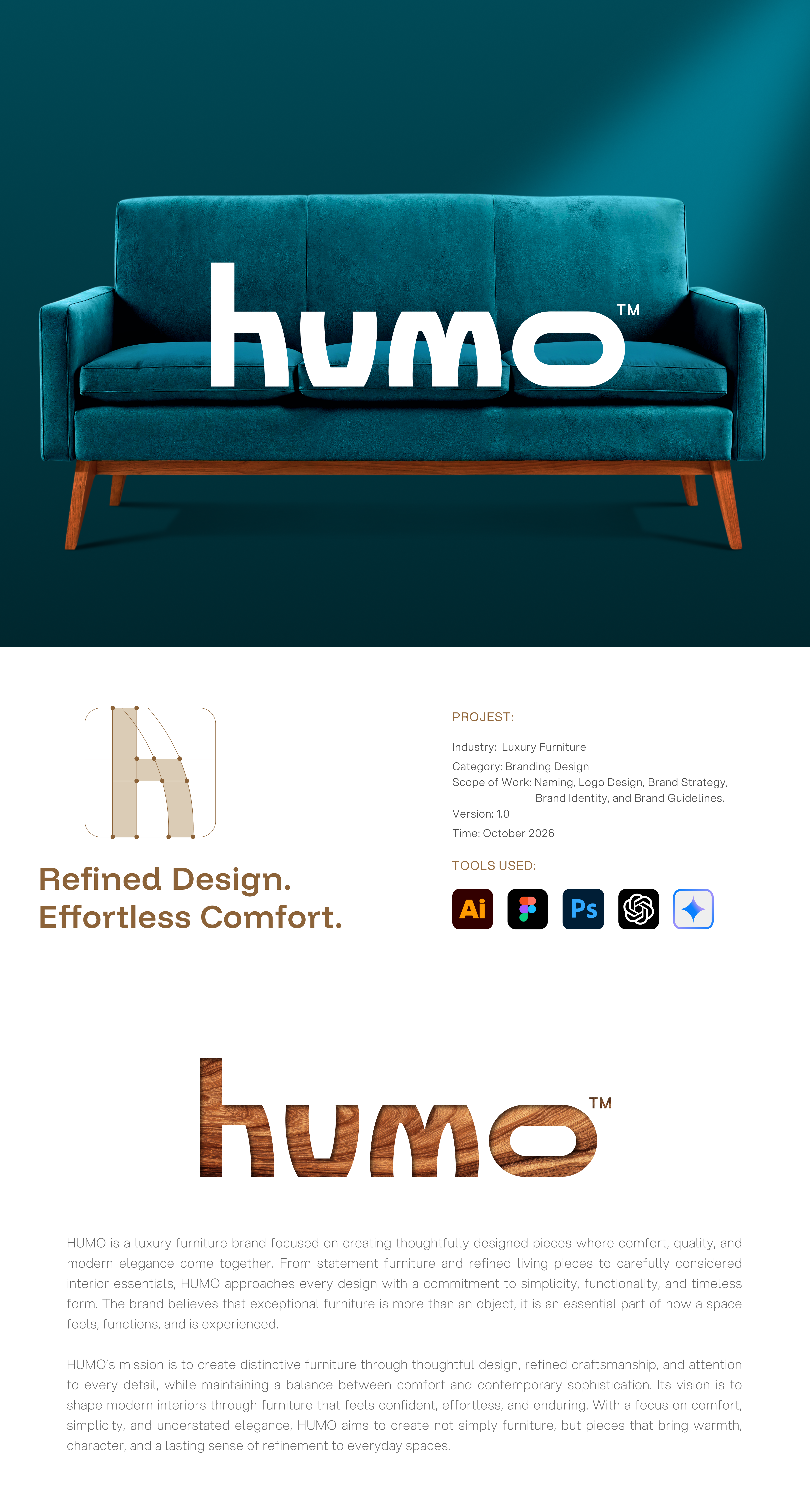 HUMO-Premium Furniture Logo & Brand Identity Design brand guidelines brand identity branding branding design chair furniture home decor identity design interior interior branding logo logo design logotype minimal modern premium furniture rebranding sofa visual identity wordmark