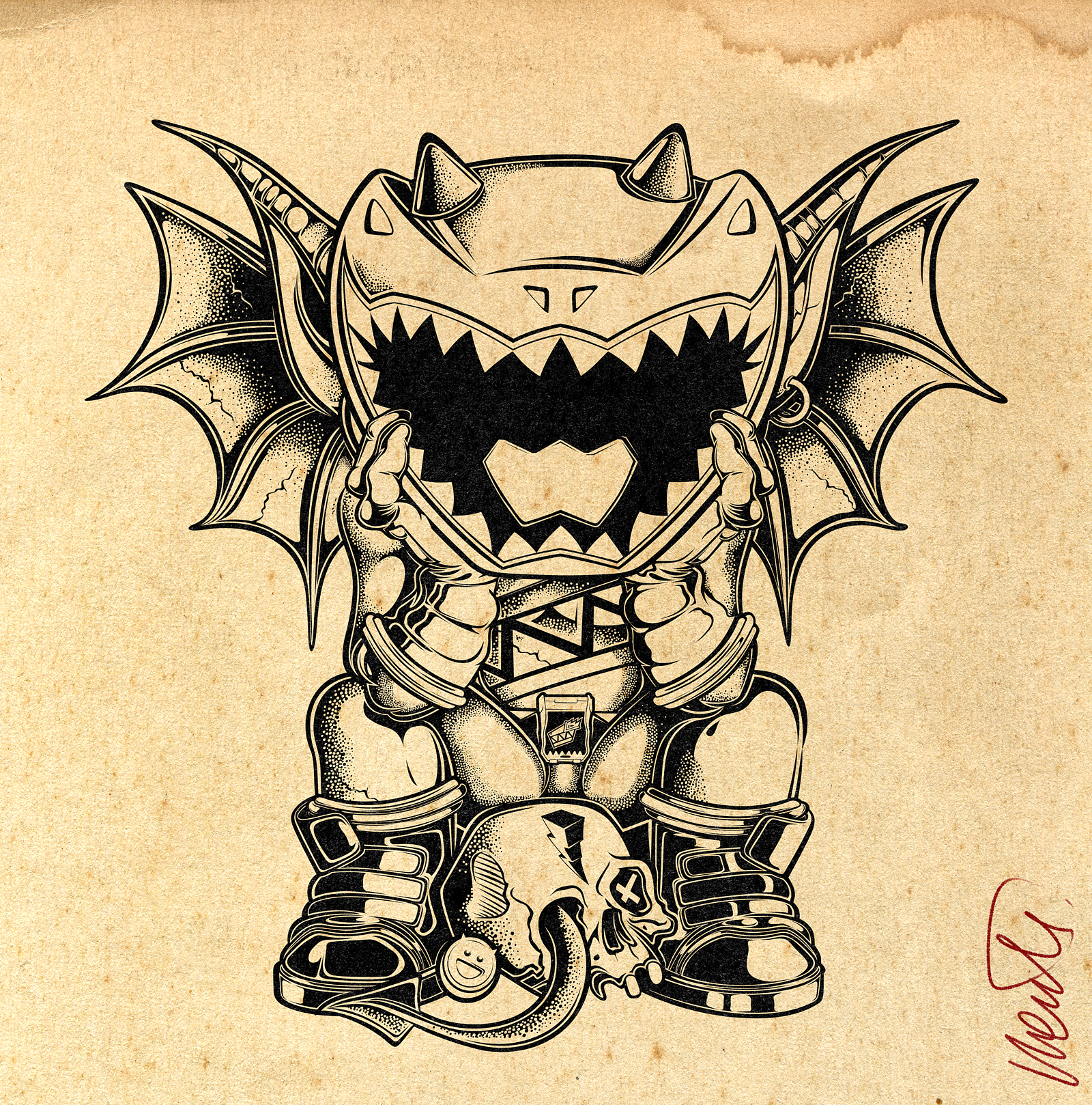 WILD CHILD DRAWING – RED RANGER INK black and white art character design comic art creature design gargoyle iconik illustration ink drawing ink edition lowbrow art mighty morphin power rangers monster pop culture power rangers red ranger retro poster stippling underground art vintage texture wild child