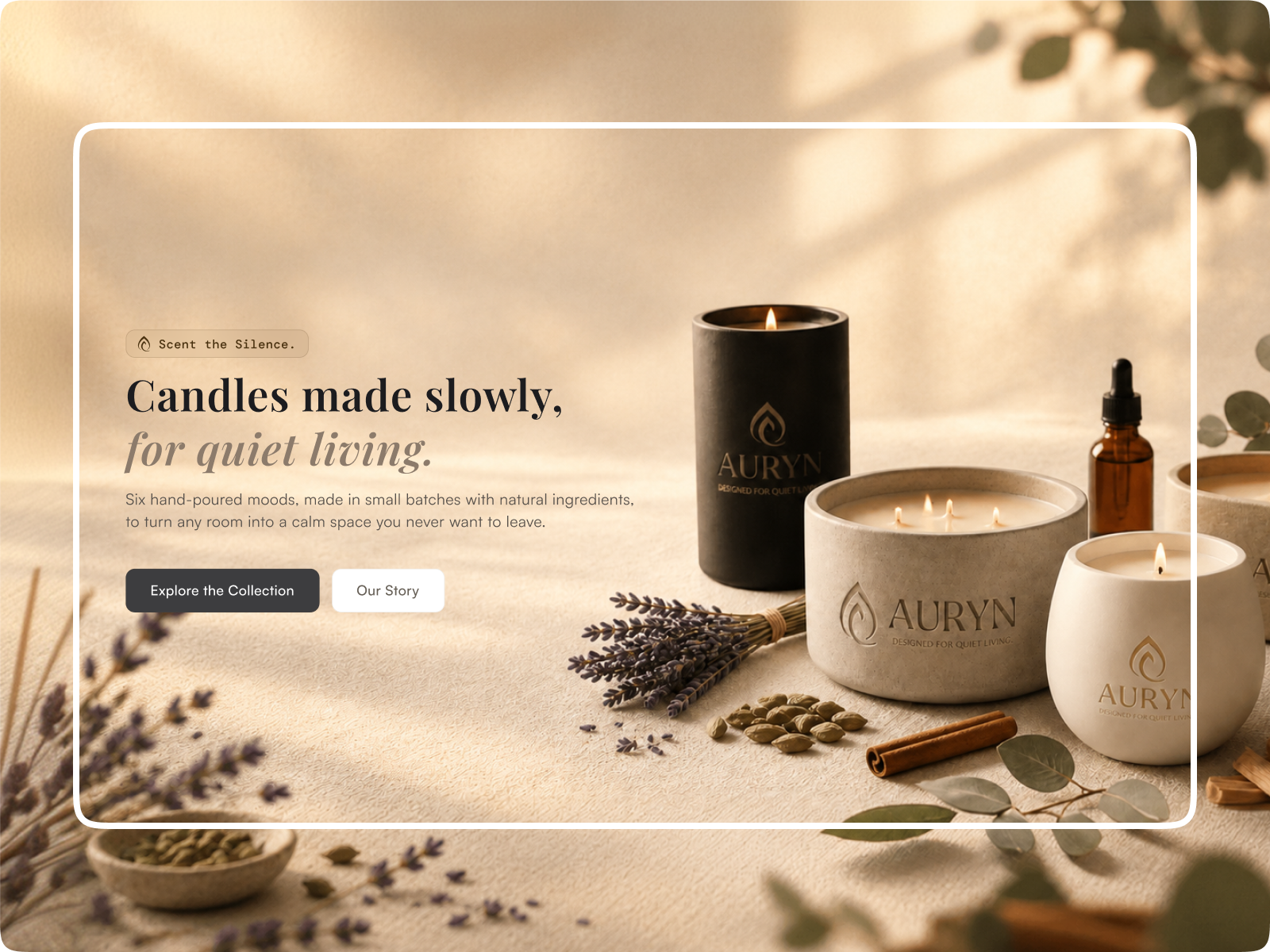 AURYN | Candle Brand Identity & Landing Page brandguidelines brandidentity branding candle candlebrand colorpalette graphicdesign identitydesign landingpage landingpagedesign logodesign luxurybranding minimalwebdesign packagingdesign productdesign typographydesign uidesign visualidentity webdesign