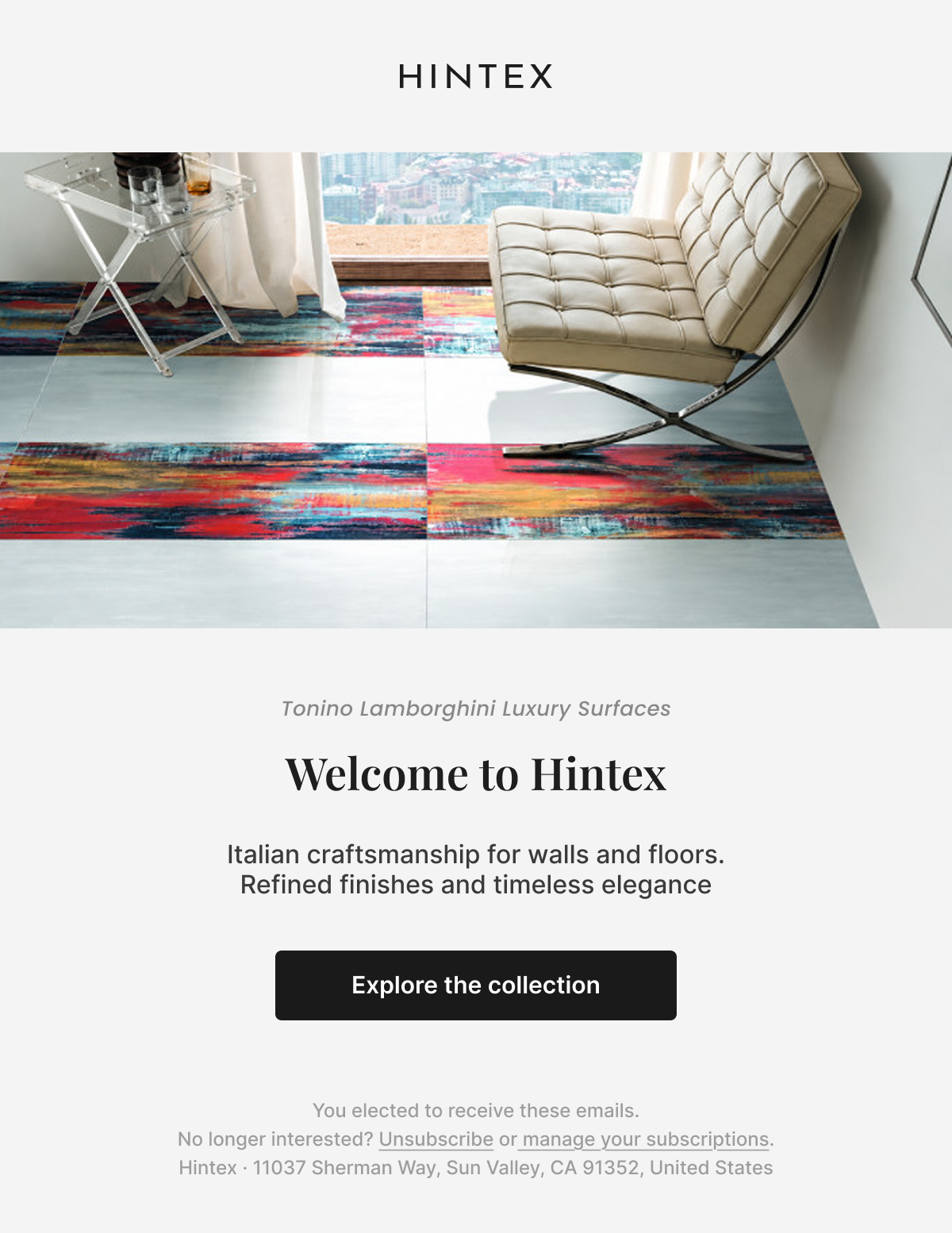 Hintex, welcome email for a luxury e-commerce brand e commerce email design email marketing html email luxury ui