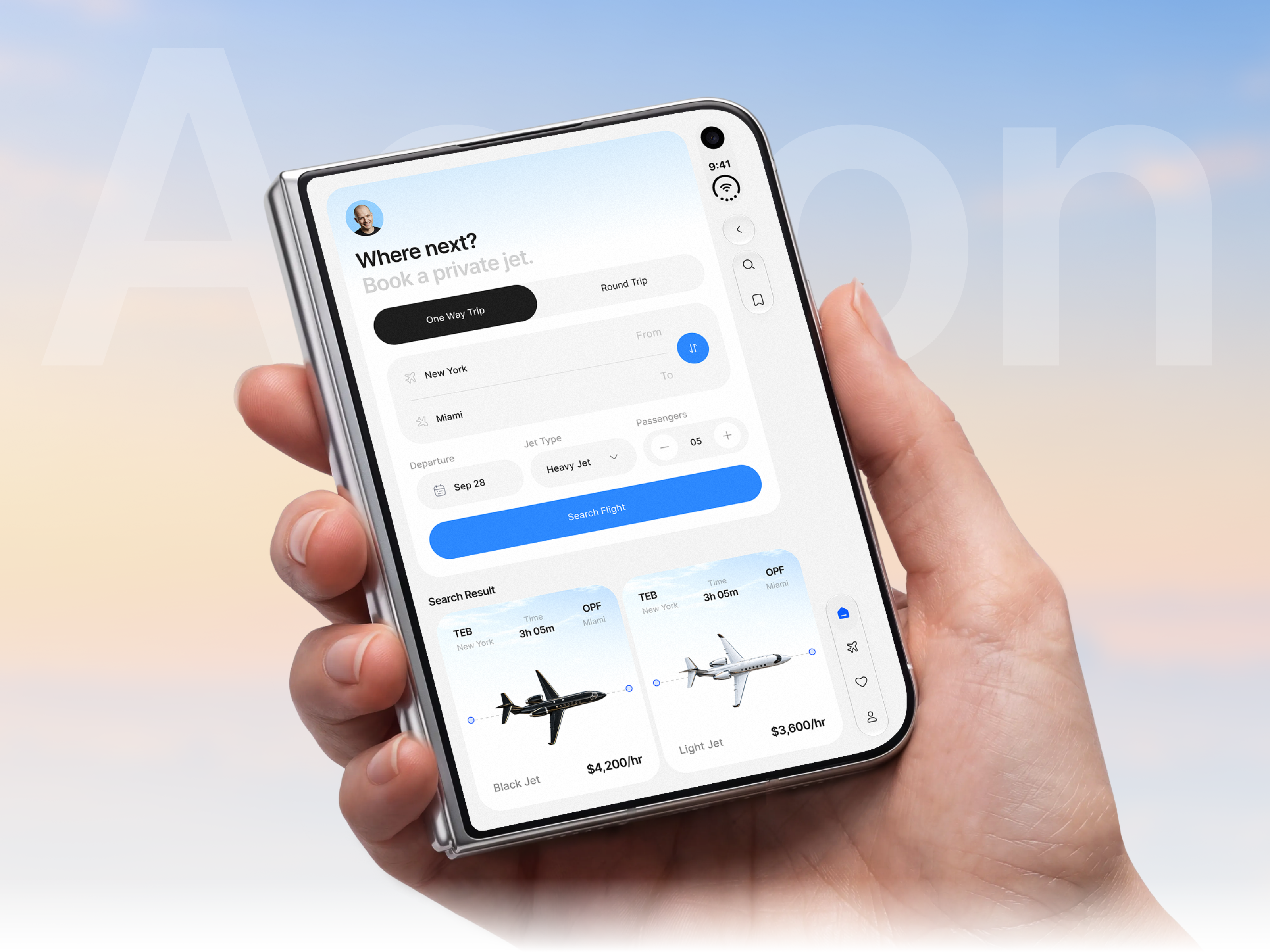 Aeron | Private Jet Booking App for iPhone Duo aviation app booking app foldable ui iphone duo luxury app design mobile app design private aviation private jet app product design travel app ui design ux design