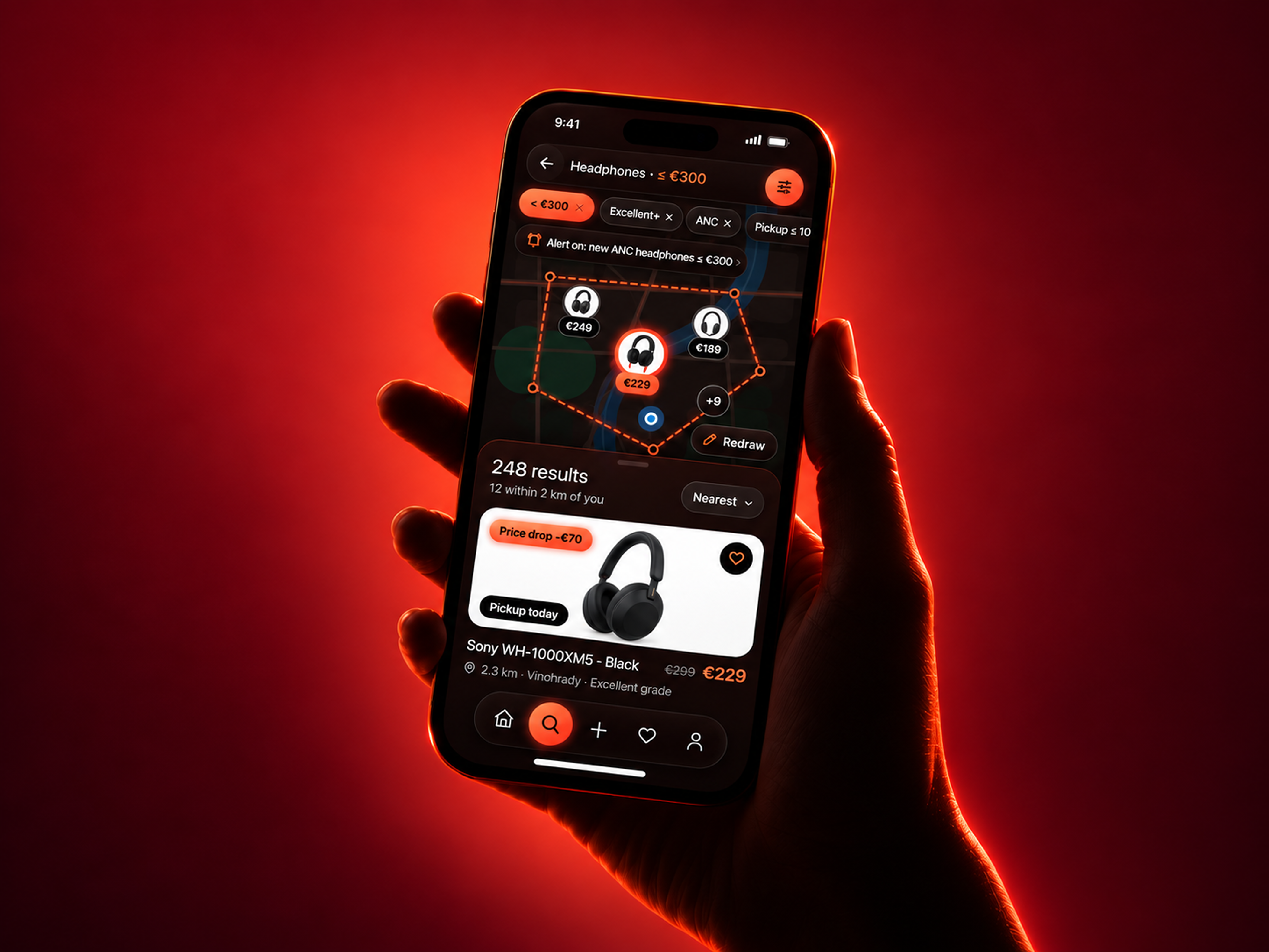 Marketplace App — Headphones Search badge design bottom navigation dark mode e commerce filter ui geolocation interaction design ios listing page location search map visualization marketplace mobile app orange accent price map product card responsive mobile search interface secondhand touch ui