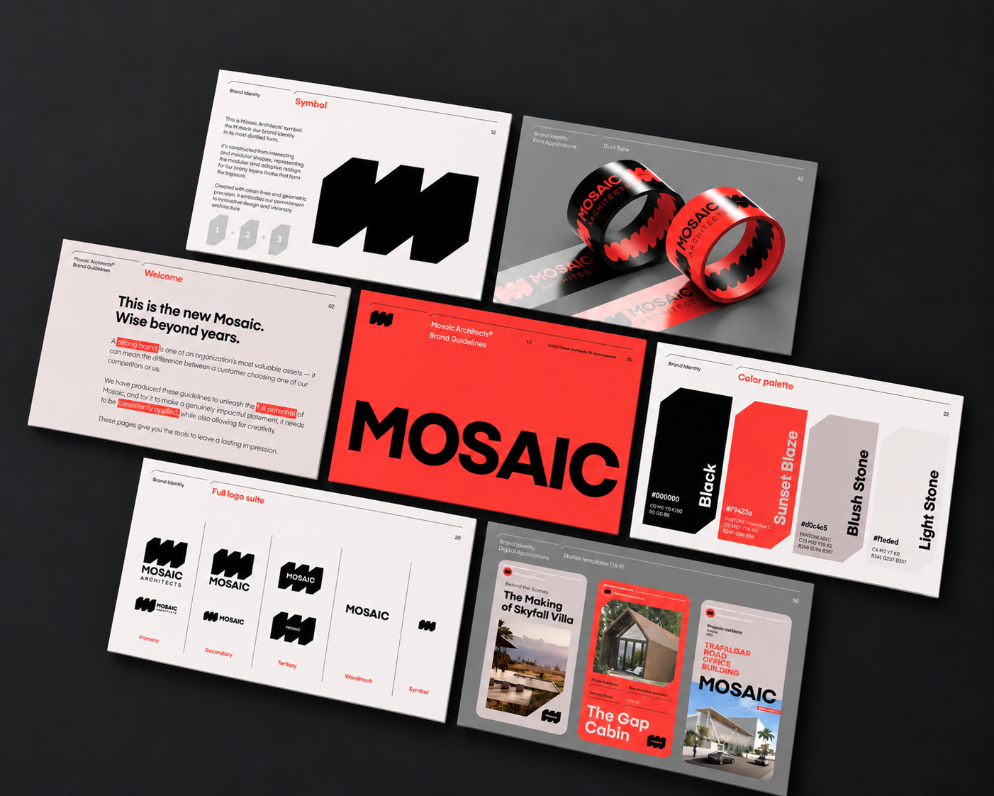 Brand Strategy, Identity & Guidelines | MOSAIC Architecture architect architecture architecture firm brand book brand guidelines brand identity brand manual brand strategy branding color palette geometric logo interior design logo logo design logo system monogram real estate social media typography visual identity
