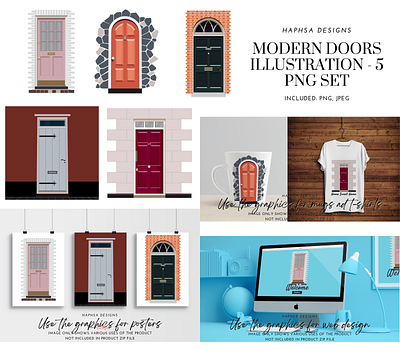 Modern Doors Illustration - 5 PNG Set adobe art branding design door design doors graphic design illustration illustrator png