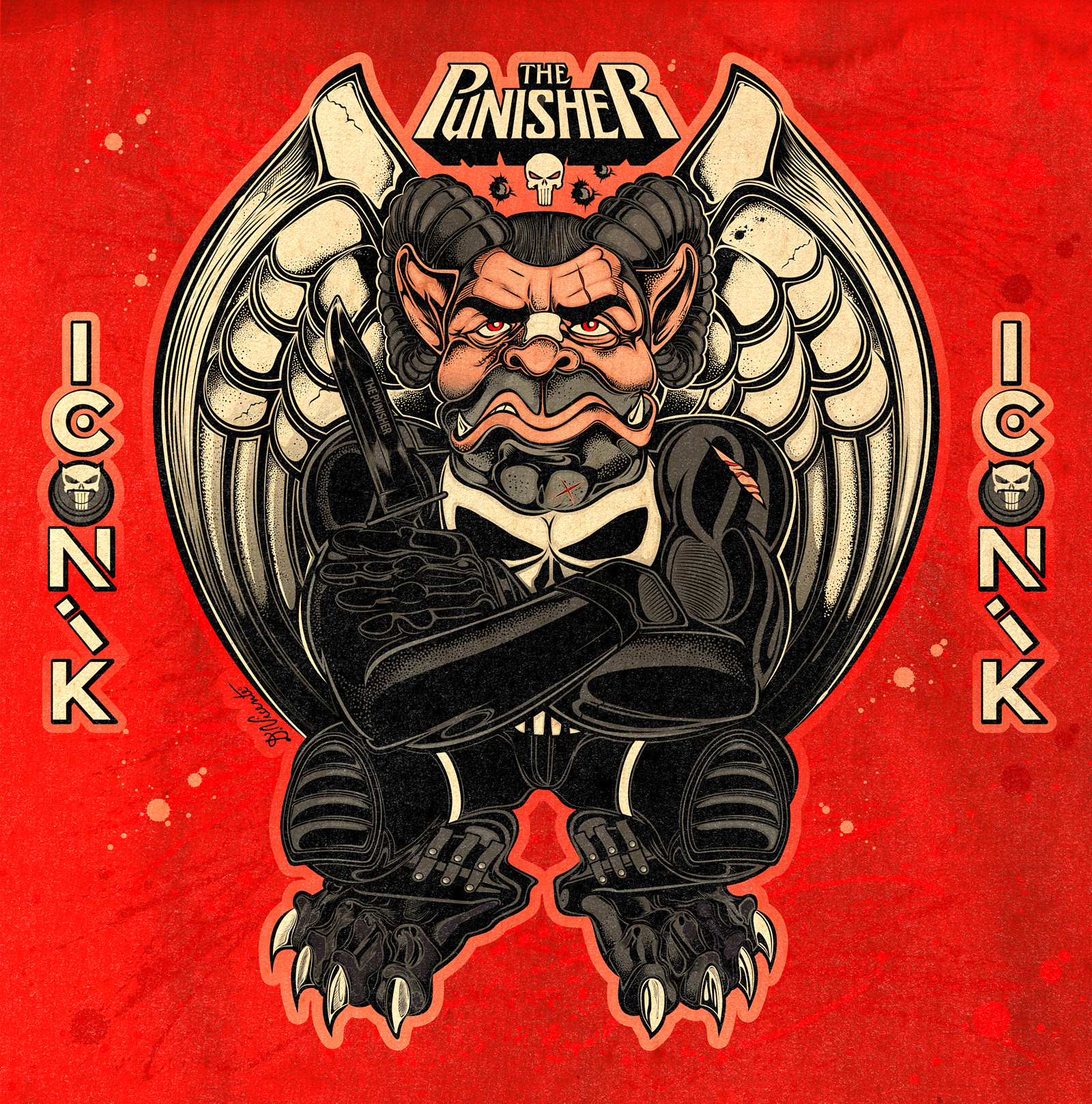 BAD DADS ICONIK #48 – THE PUNISHER bad dads bat wings character design comic art dark art frank castle gargoyle iconik illustration lowbrow art marvel monster design pop culture art skull emblem stippling tactical armor the punisher underground art vigilante vintage texture