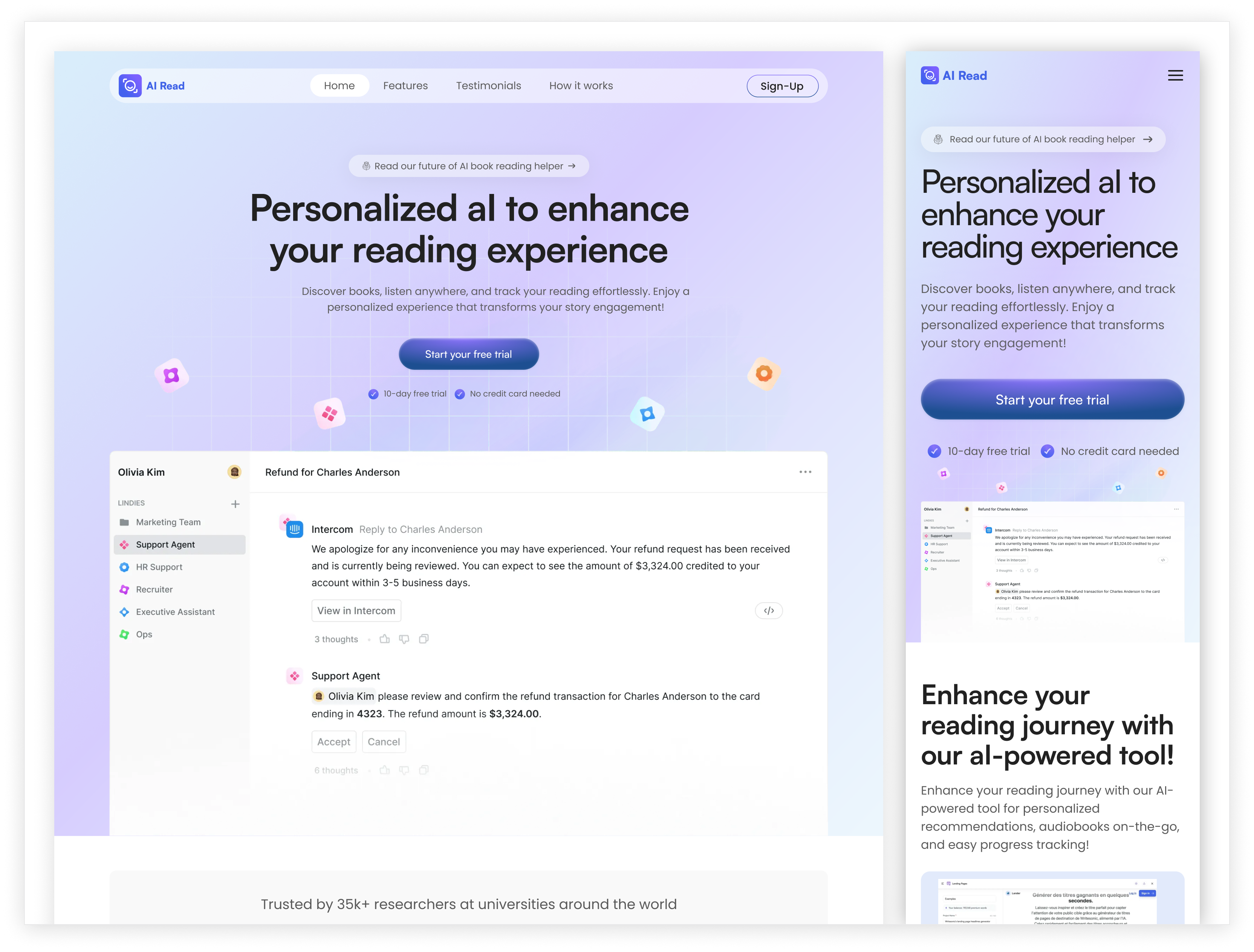AI Reading Platform — Responsive Landing Page UI Design ailandingpage aiplatform aisaas edtechdesign figmadesign herosection interfacedesign landingpagedesign mobiledesign mobileuidesign modernwebdesign productdesign readingapp responsivedesign saasdesign uidesign uiuxdesign uxdesign webdesign websitedesign