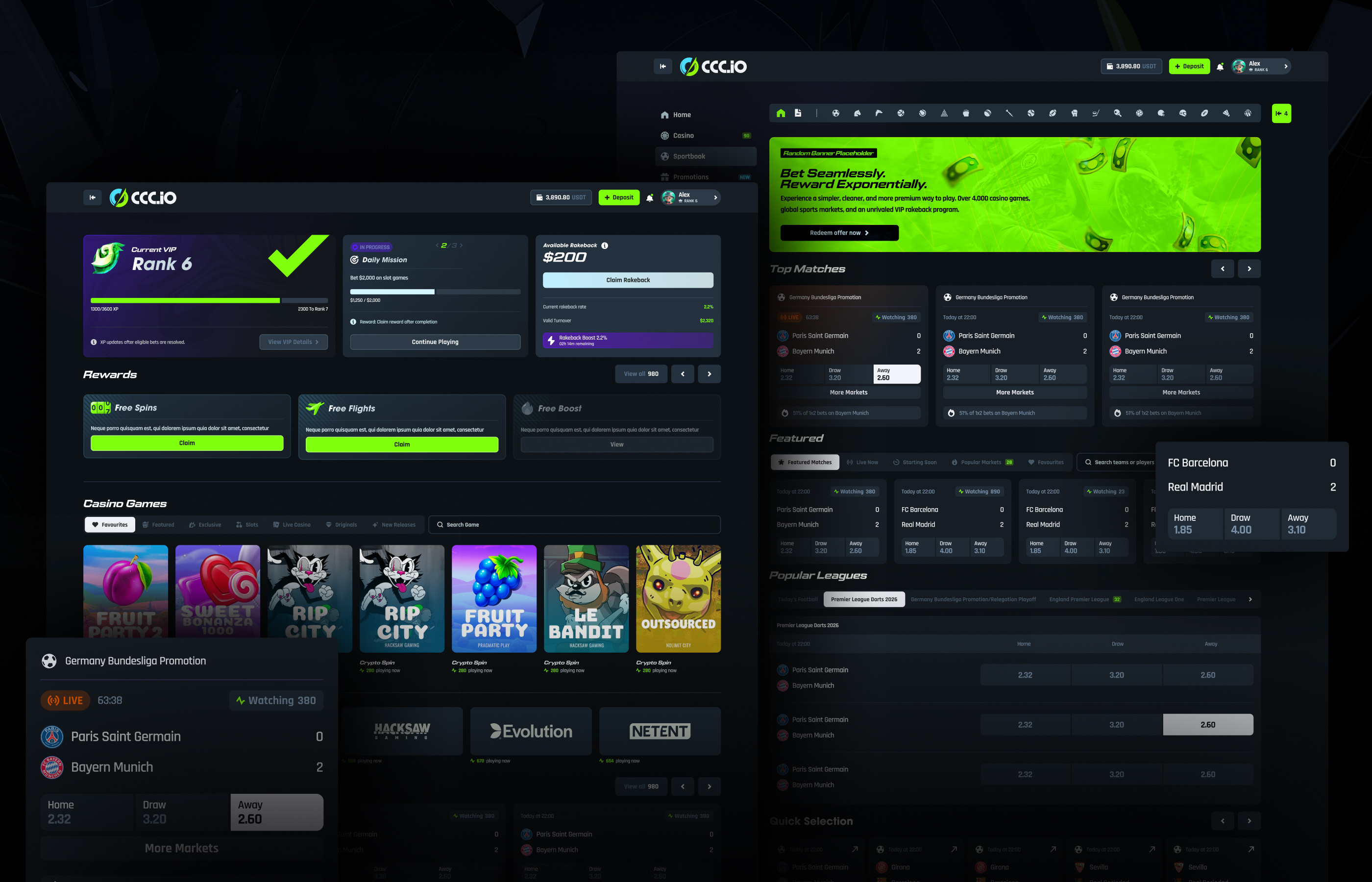 CCC IO Main Dashboard & Sportsbook UX/UI betting platform betting ui casino platform casino ui crypto casino crypto design dashboard design dashboard ui design system digital product gaming platform gaming ui product design ragebite sportsbook design sportsbook ui user experience user interface ux ui design web3 design