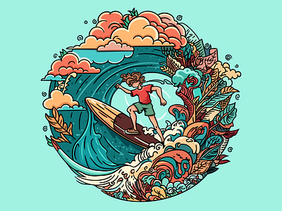 Gone Surfing beach character design clouds design fish flowers graphic design illustration logo logo design round sea summer surf surfing surfing illustration vector wave wave illustration waves