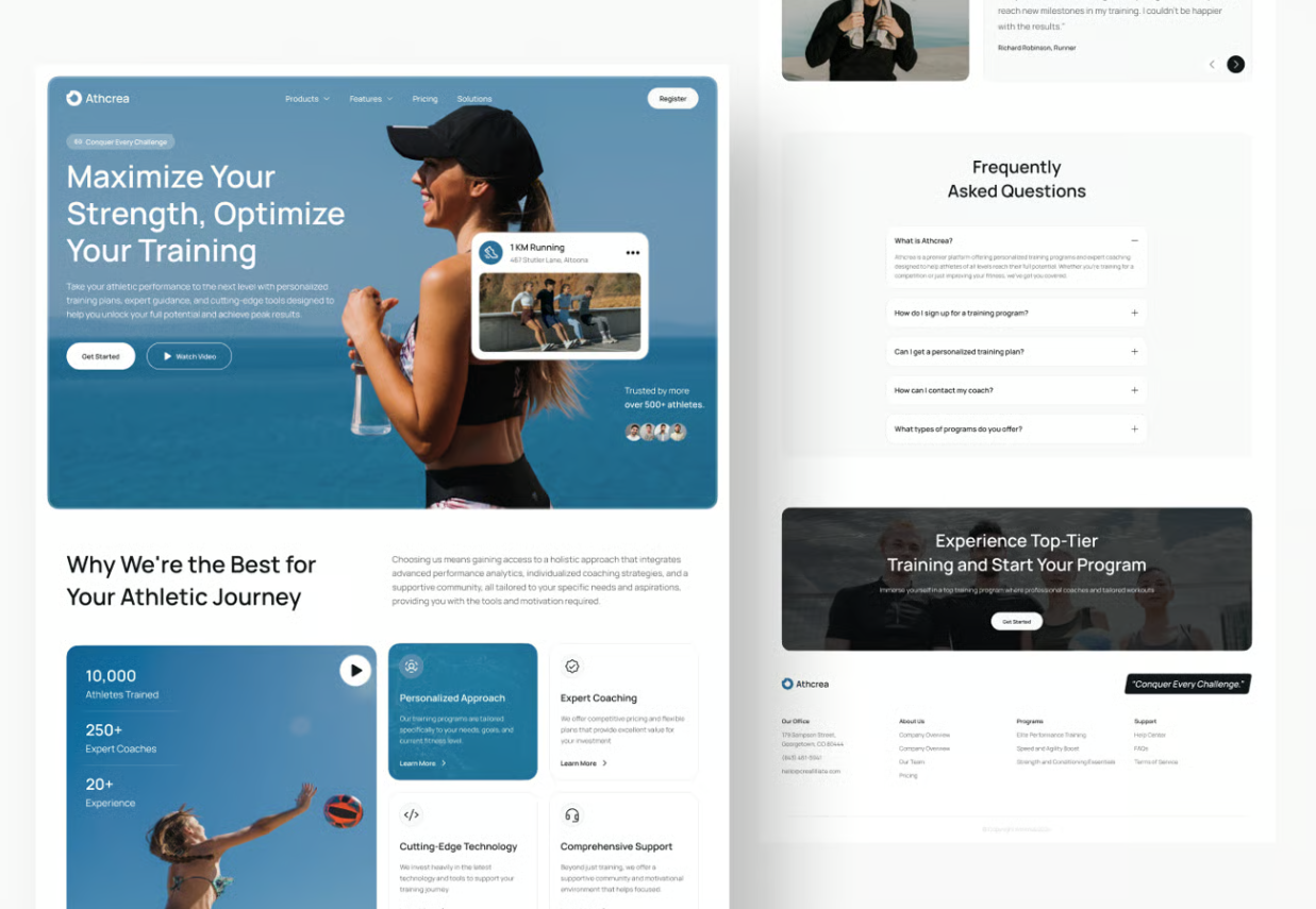 Athcrea athletes Landing Page 3d animation app branding dashboard design graphic design icon illustration logo minimal motion graphics typography ui uiux ux vector web website website design