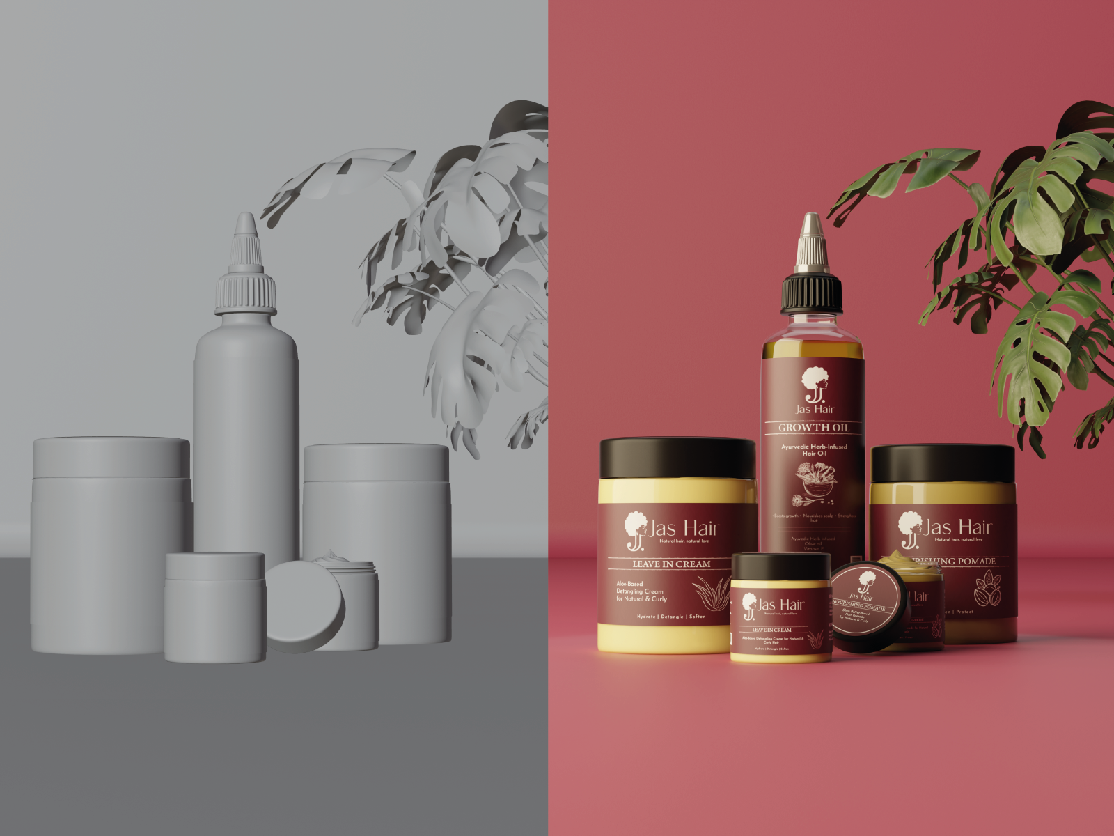 Jas Hair Packaging: Clay to Final Render 3d branding cosmetic graphic design hair care logo visualization