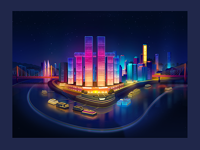 Chongqing boat bridge build chongqing city illustration light night river
