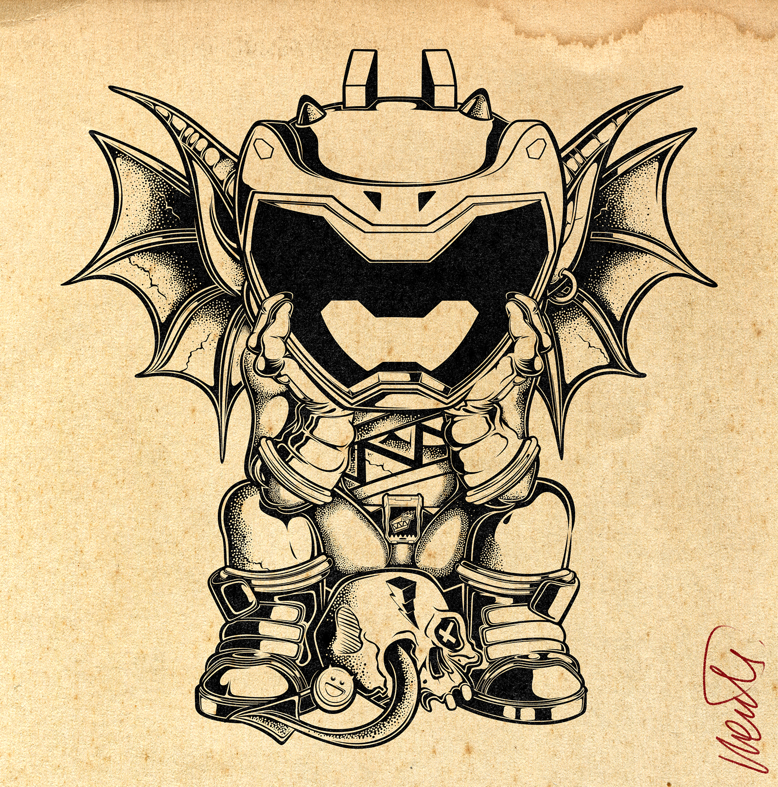 WILD CHILD DRAWING – BLUE RANGER INK aged paper bat wings black and white blue ranger blue ranger helmet gargoyle horns iconik illustration ink drawing lightning bolt lowbrow mighty morphin power rangers pointed ears pop culture power rangers skull sneakers tail wild child