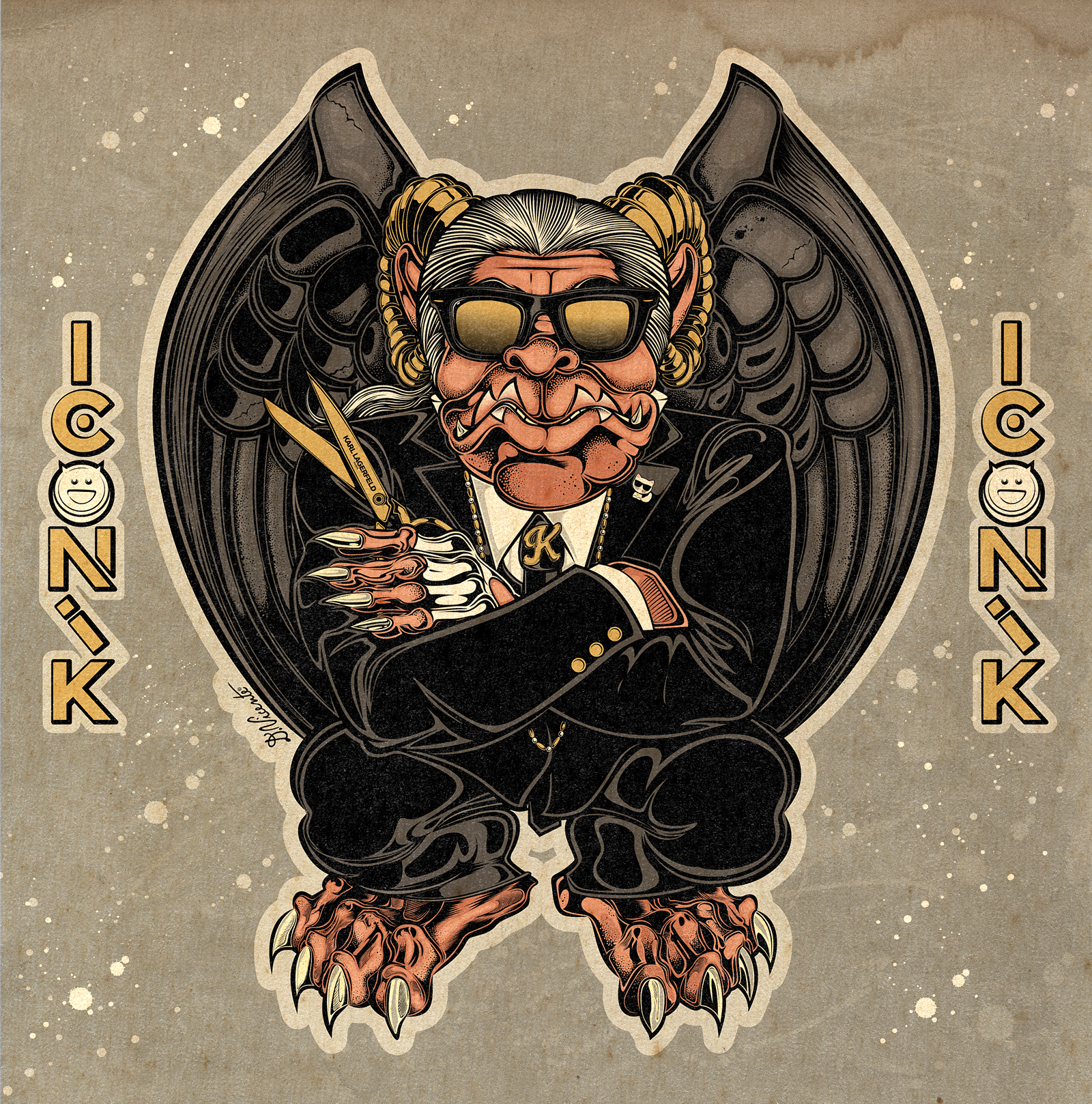 BAD DADS ICONIK #47 – KARL LAGERFELD bad dads black suit chanel character design fashion designer fashion illustration gargoyle graphic art iconik illustration karl lagerfeld lowbrow art monster art pop culture art scissors stippling sunglasses underground art vintage texture white ponytail