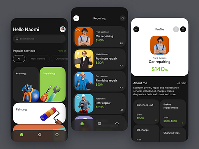 Home Services Concept App 3d app cleaning concept dark dark theme design home service ios iphone mobile mobile app plumbing repair repairing service ui