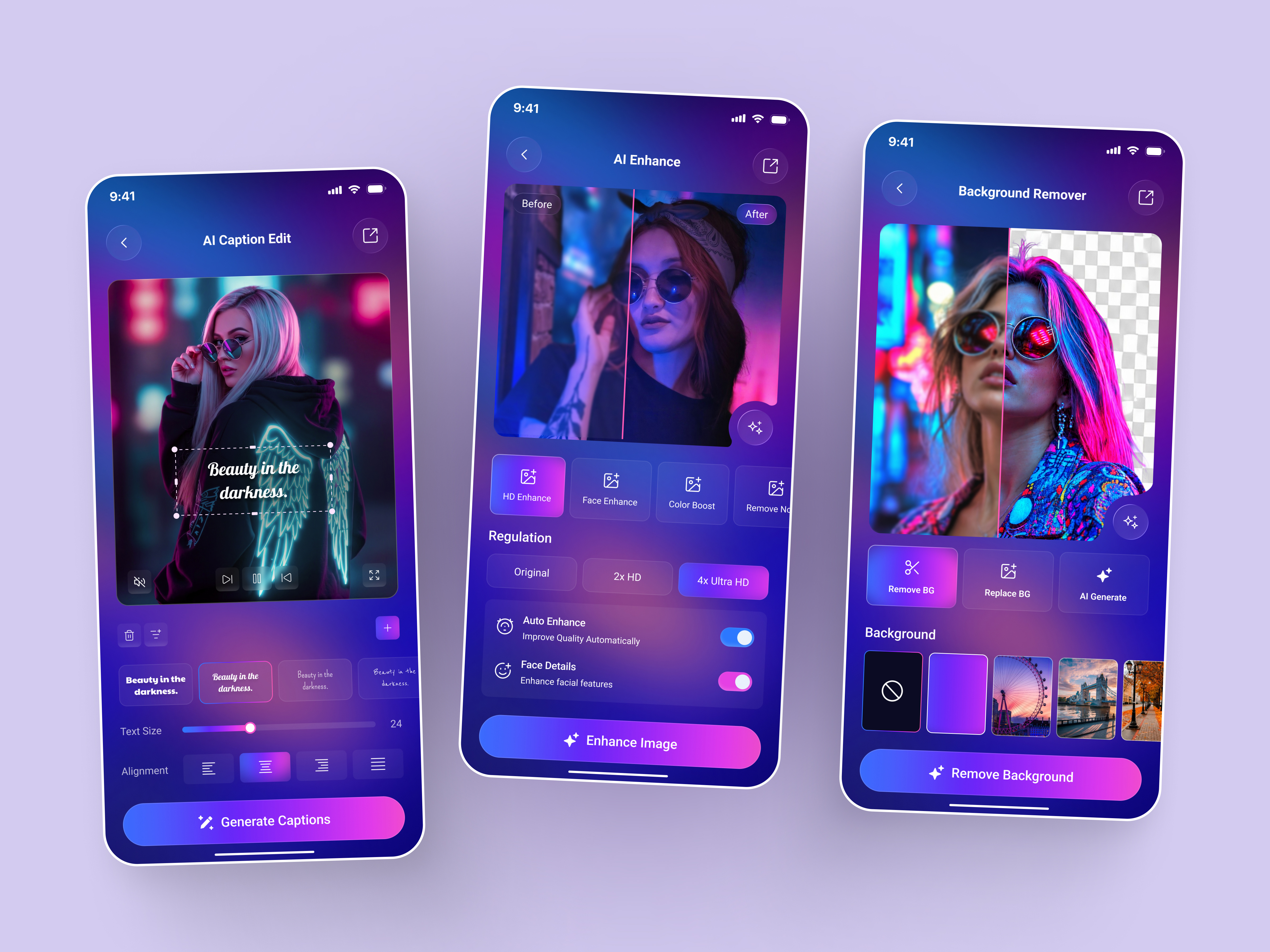 AI Photo Editor App UI — Smart Image Enhancement & Background Re aiapp aigeneration appdesign appui backgroundremover creativeapp dailyui figmadesign imageeditor interfacedesign mobileapp mobileui photoeditor productdesign purpleui uidesign uiux userinterface uxdesign visualdesign