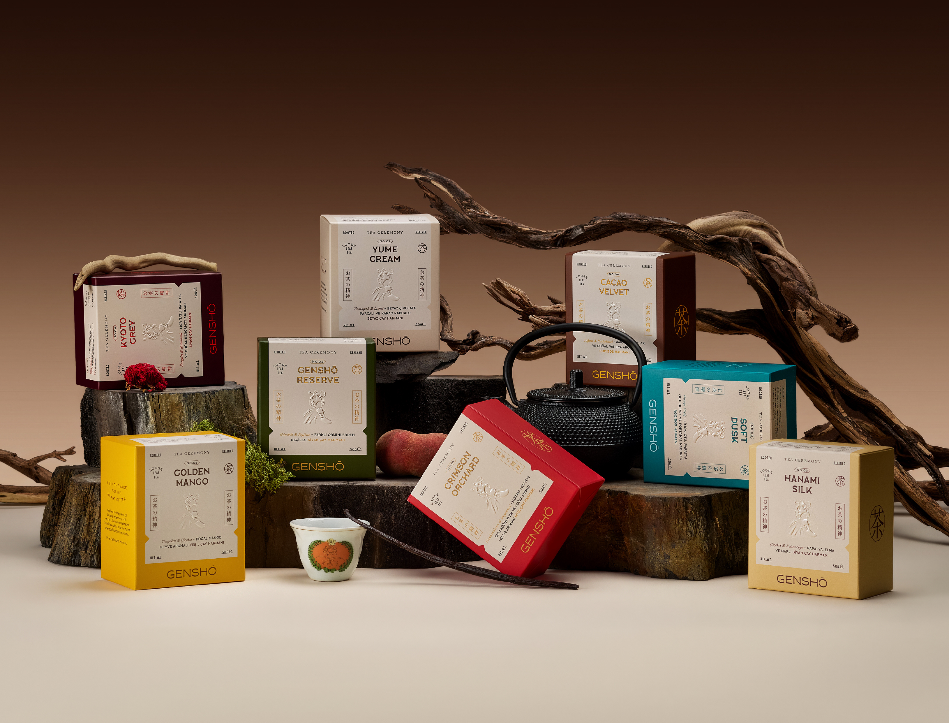 Gensho Tea branding design gensho graphic design japanese label packaging tea tea box tea packaging typography