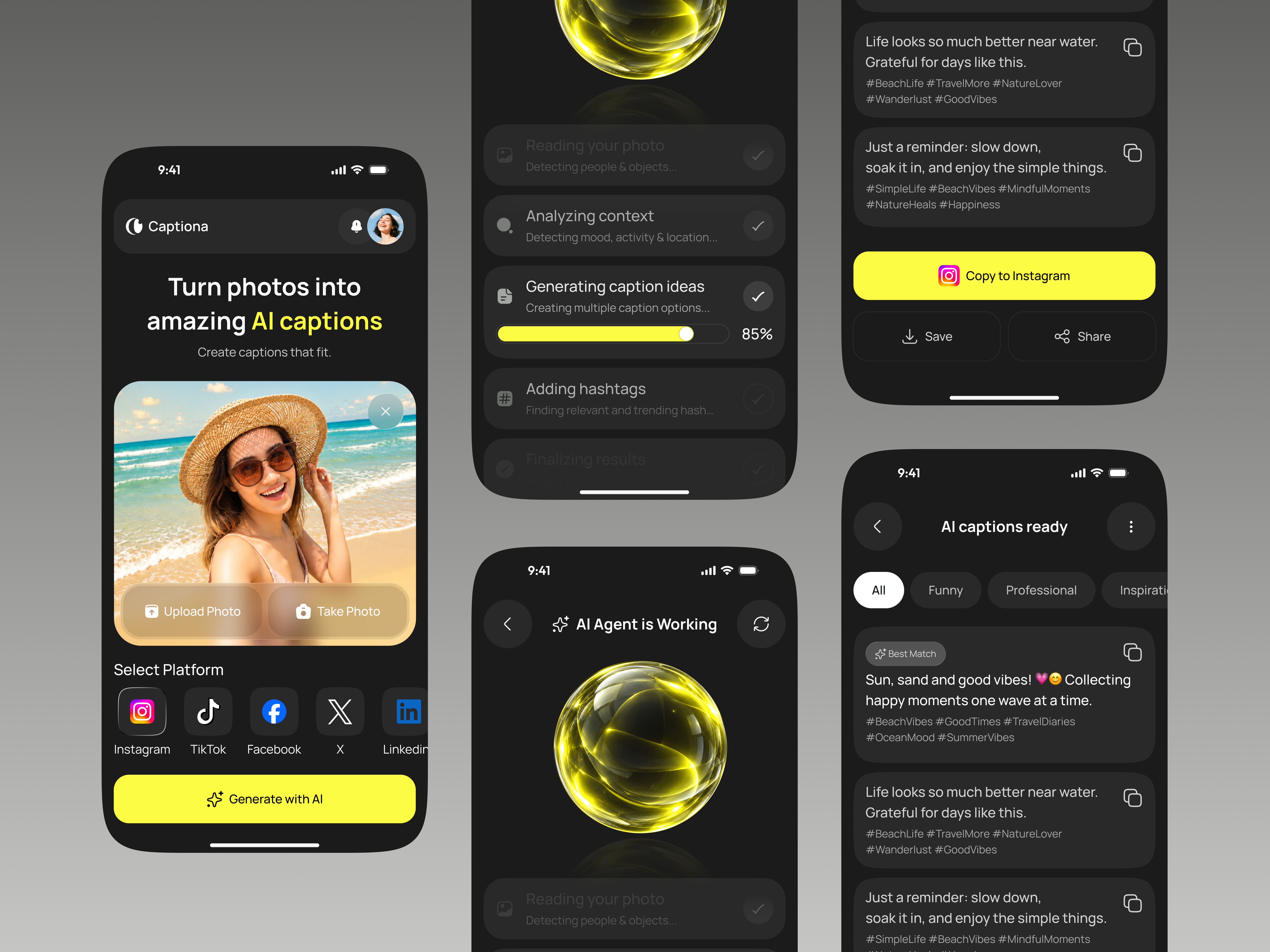 AI Caption Maker App — Turn Photos into Perfect Captions ai agent ai agent app ai app ai app design ai caption generator ai content generator ai software caption generator content automation content creation generative ai hashtag generator mobile app photo analysis photo to caption smart ai assistant social media app social media content