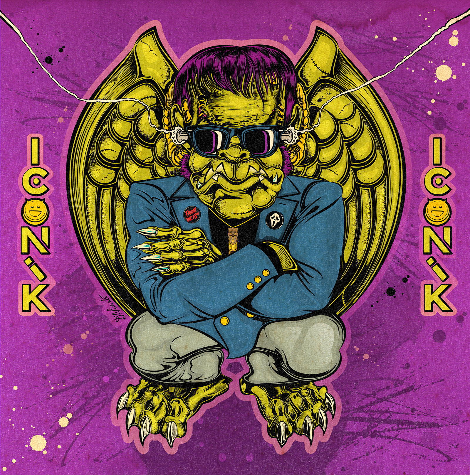 BAD DADS ICONIK #46 – FRANKENSTEIN bad dads character design classic horror claws creature design frankenstein frankenstein monster gargoyle gothic horror horror illustration iconik illustration lowbrow art monster art pop culture underground art universal monsters vintage print wings