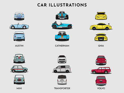 Car Illustrations Austin, Catherham, Ghia, Mini, Volvo adobe illustrator avatar branding car drawing car illustration design illustration logo ui vector vector art