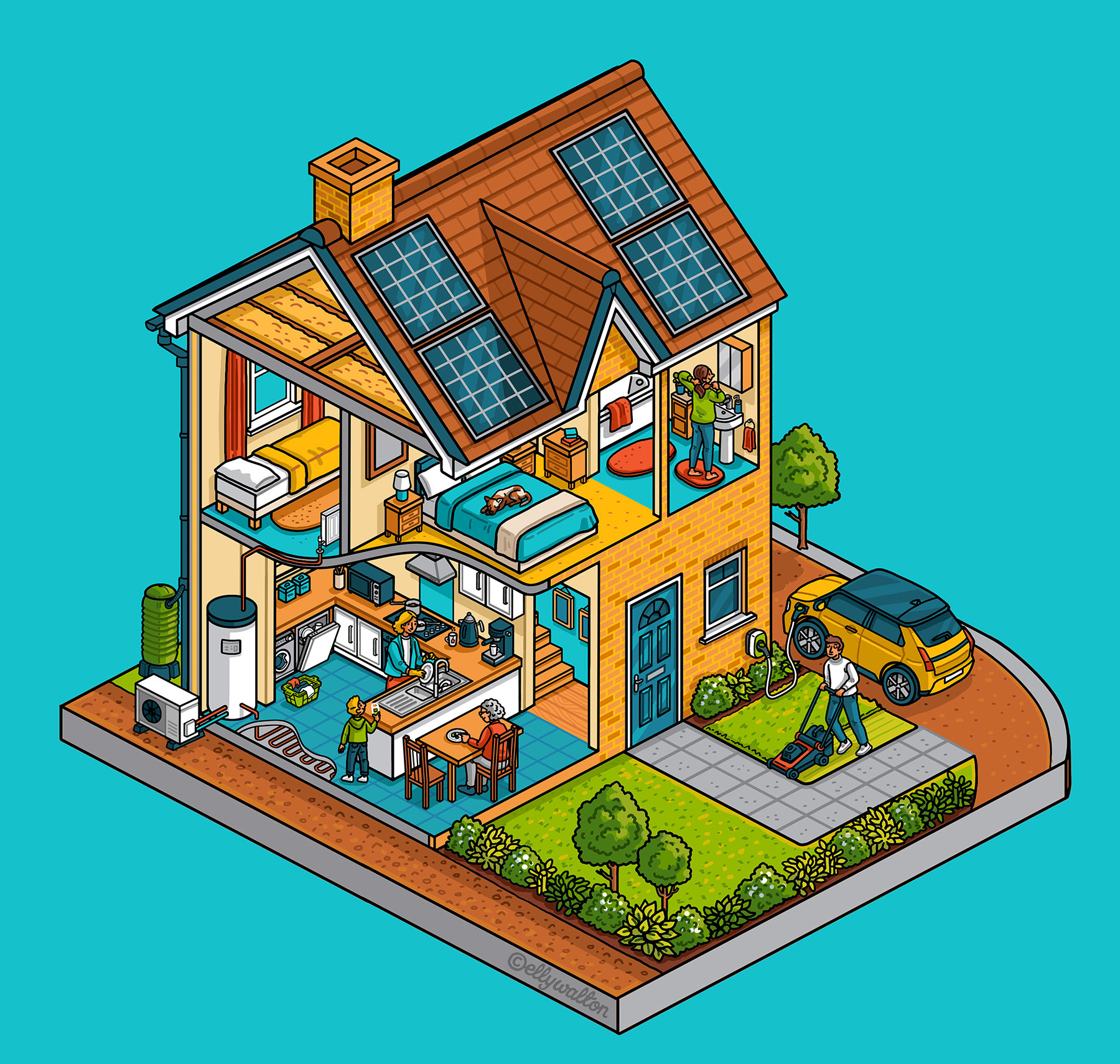 Energy Efficient Home: Isometric House Cutaway Illustration advertising illustration cutaway illustration editorial illustration energy efficient heat pump illustration home cutaway home energy home heating home illustration house cutaway house heating house illustration illustration isometric house isometric illustration solar panels
