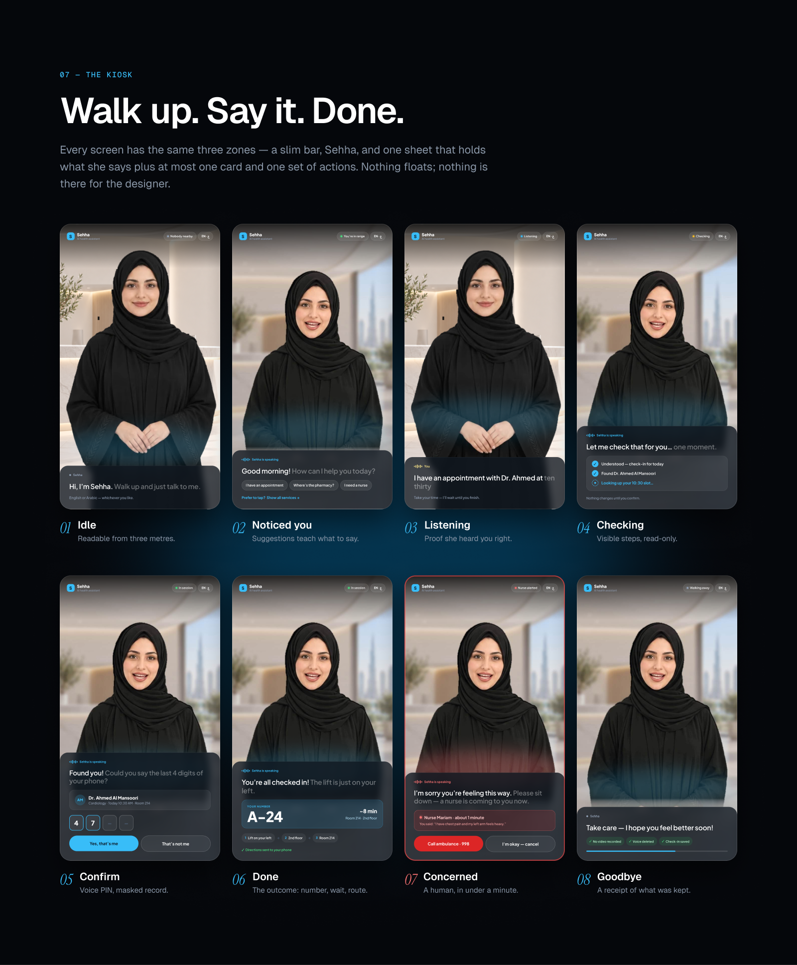 Sehha — AI Receptionist for the Future of Healthcare ai agent ai healthcare ai receptionist ai support arabic rtl conversational ai healthcare app healthcare ui healthcare ux healthtech kisok ai agent kisok design medical kiosk medical ui product design saas ai agent saas ai kisok saas design ux ui design voice ui