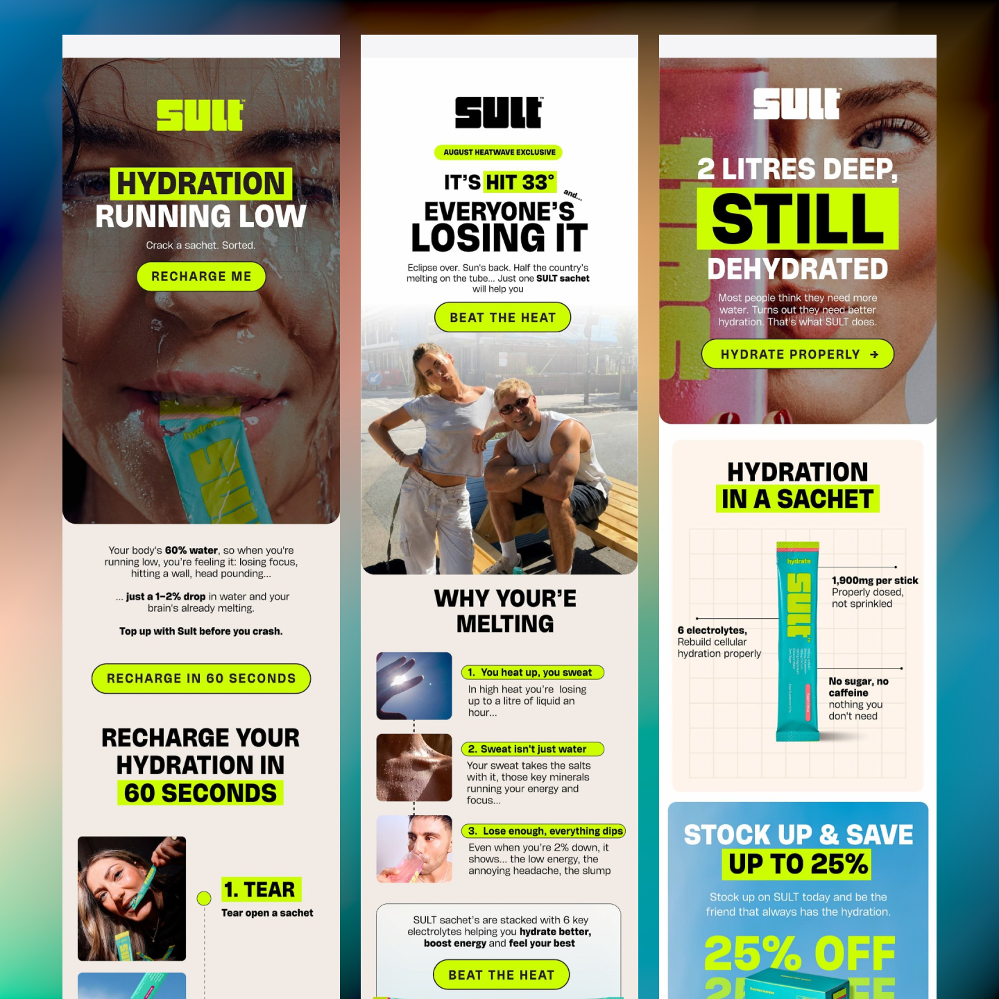 SULT Hydration Bold & Vibrant Email Campaign Design brand identity ecommerce ecommerce email email campaign email design email marketing email template figma graphic design hydration brand klaviyo landing page marketing design newsletter design product marketing typography ui design ux design visual design web design