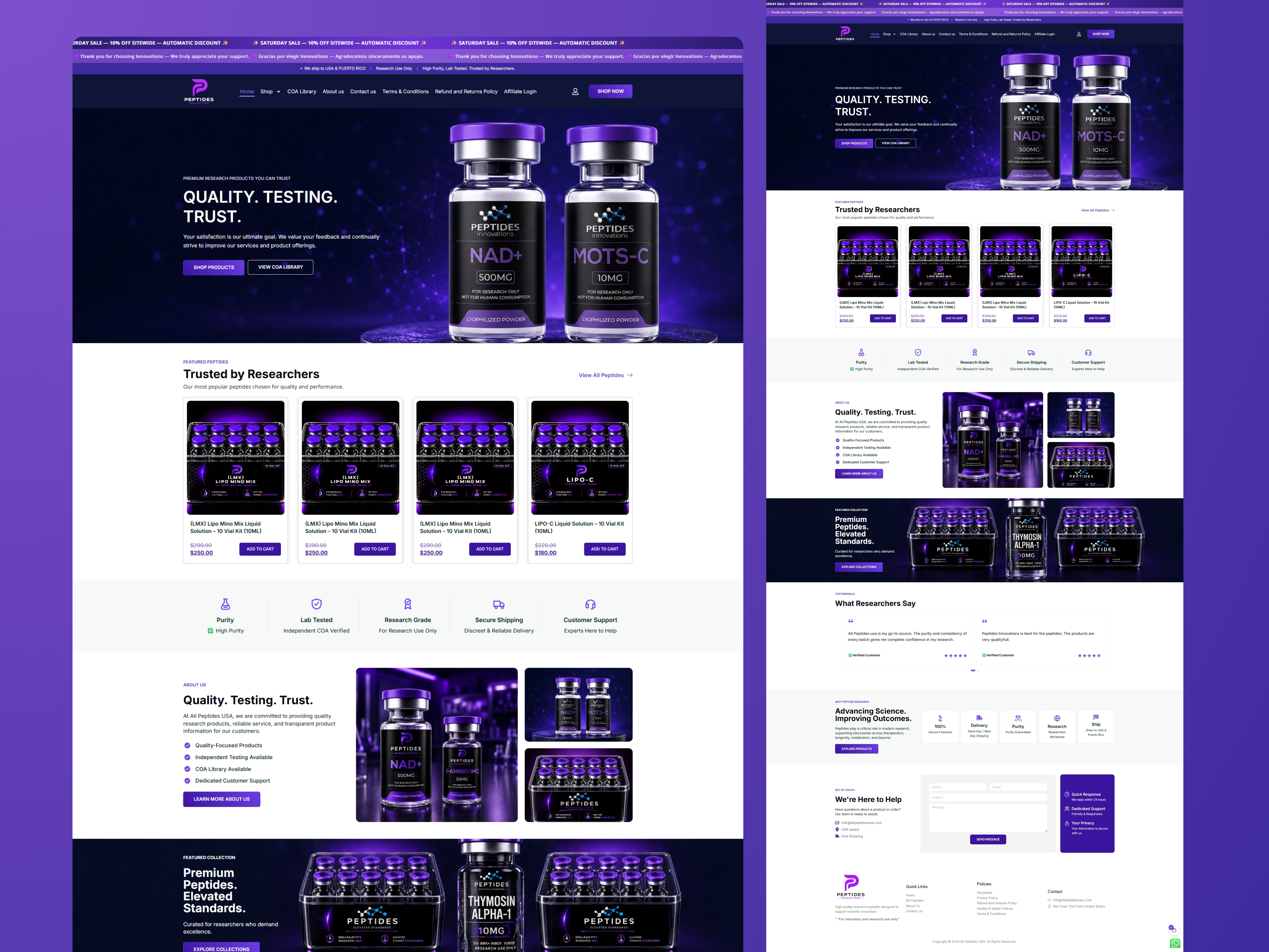 All Peptides USA Website Design | Modern Research Peptide E-comm design development ecommerce ui ux website wordpress