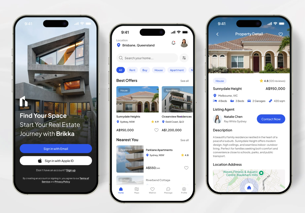 Real Estate App Design 3d animation app branding dashboard design graphic design icon illustration logo minimal motion graphics ui uiux ux vector web web design website website design