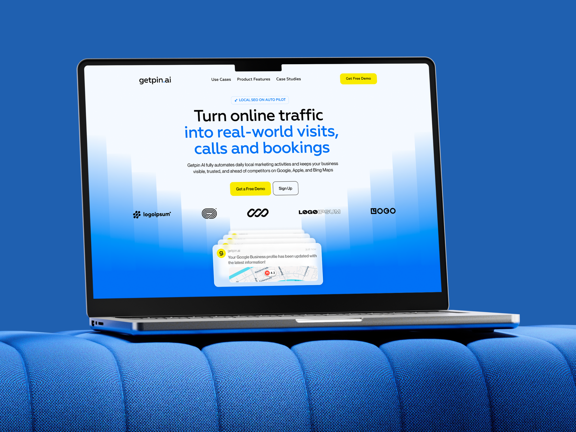 Getpin AI | Local SEO & AI Marketing Platform Hero Landing Page ai marketing platform b2b saas landing page clean web design desktop mockup getpin ai landing page design local search automation local seo website product design saas website design ui ux case study web design