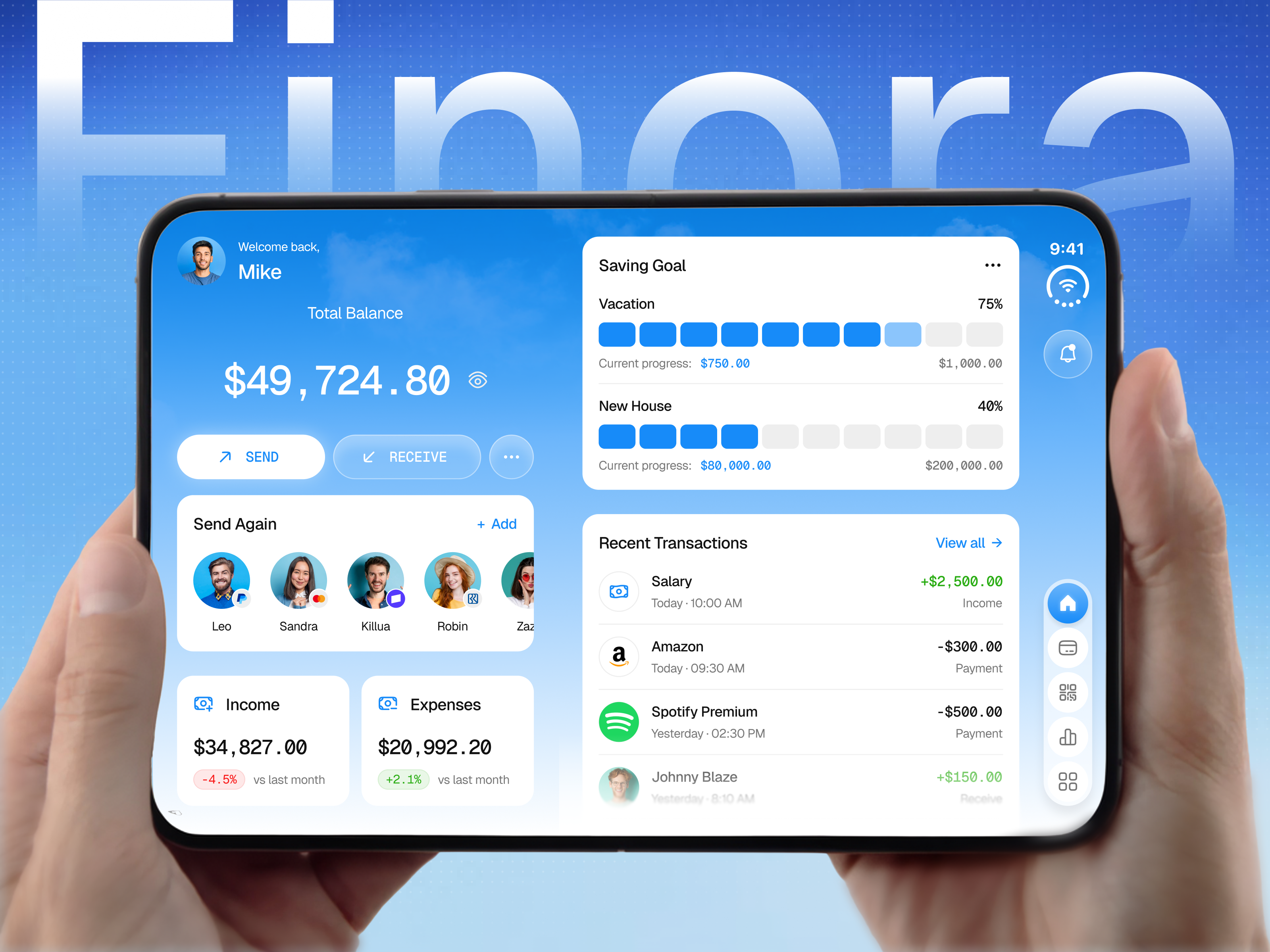 Finora — Personal Finance iPhone Duo app design banking app budgeting app expense tracking finance app financial dashboard fintech ui income tracking iphone duo iphone mockup mobile app design mobile banking mobile ui money management personal finance savings tracker transaction history ui design ux design
